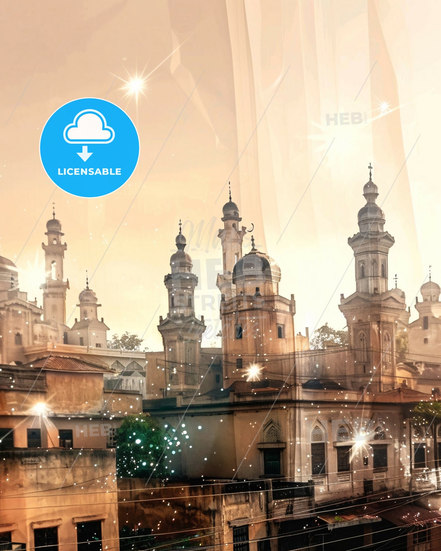 Kano Skyline Double Exposure Art Poster - A building with towers and a street light