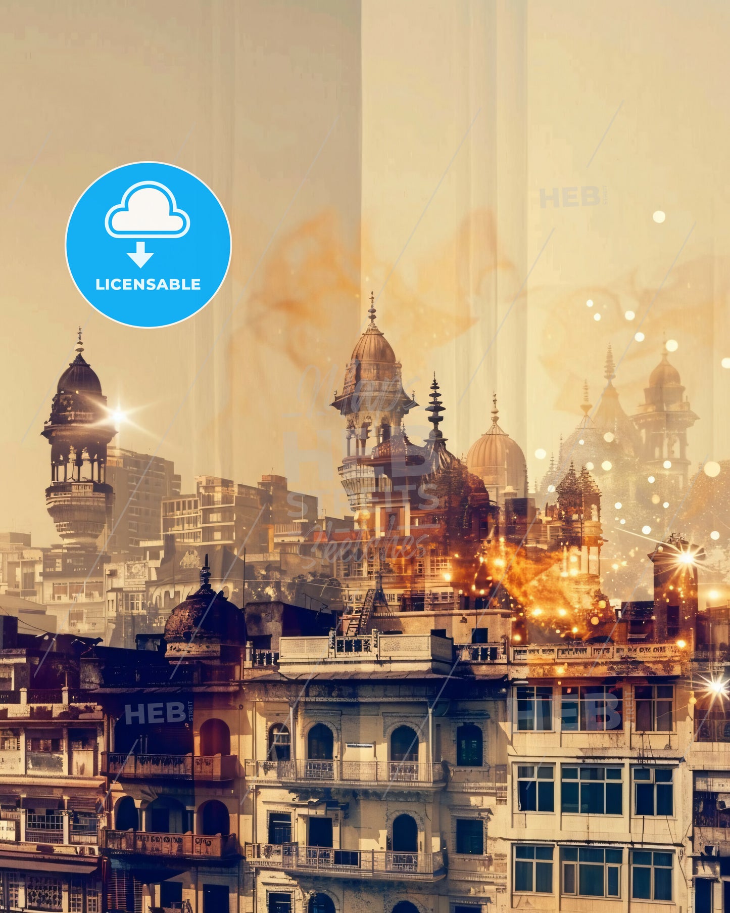 Kanpur Cityscape Composite Artwork with Beige Background - A city with many buildings
