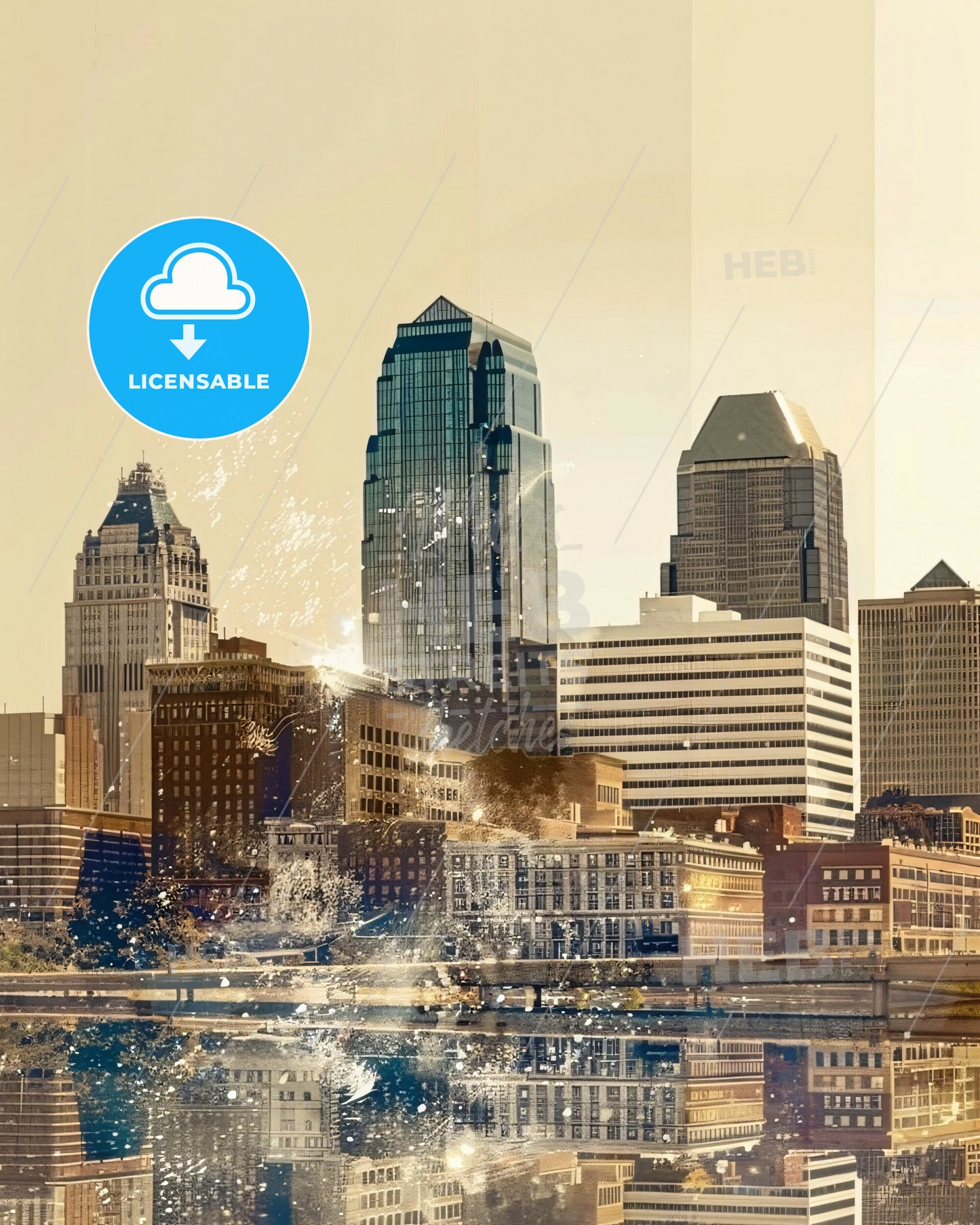 Kansas City Skyline Double Exposure Art - A city skyline with water reflection