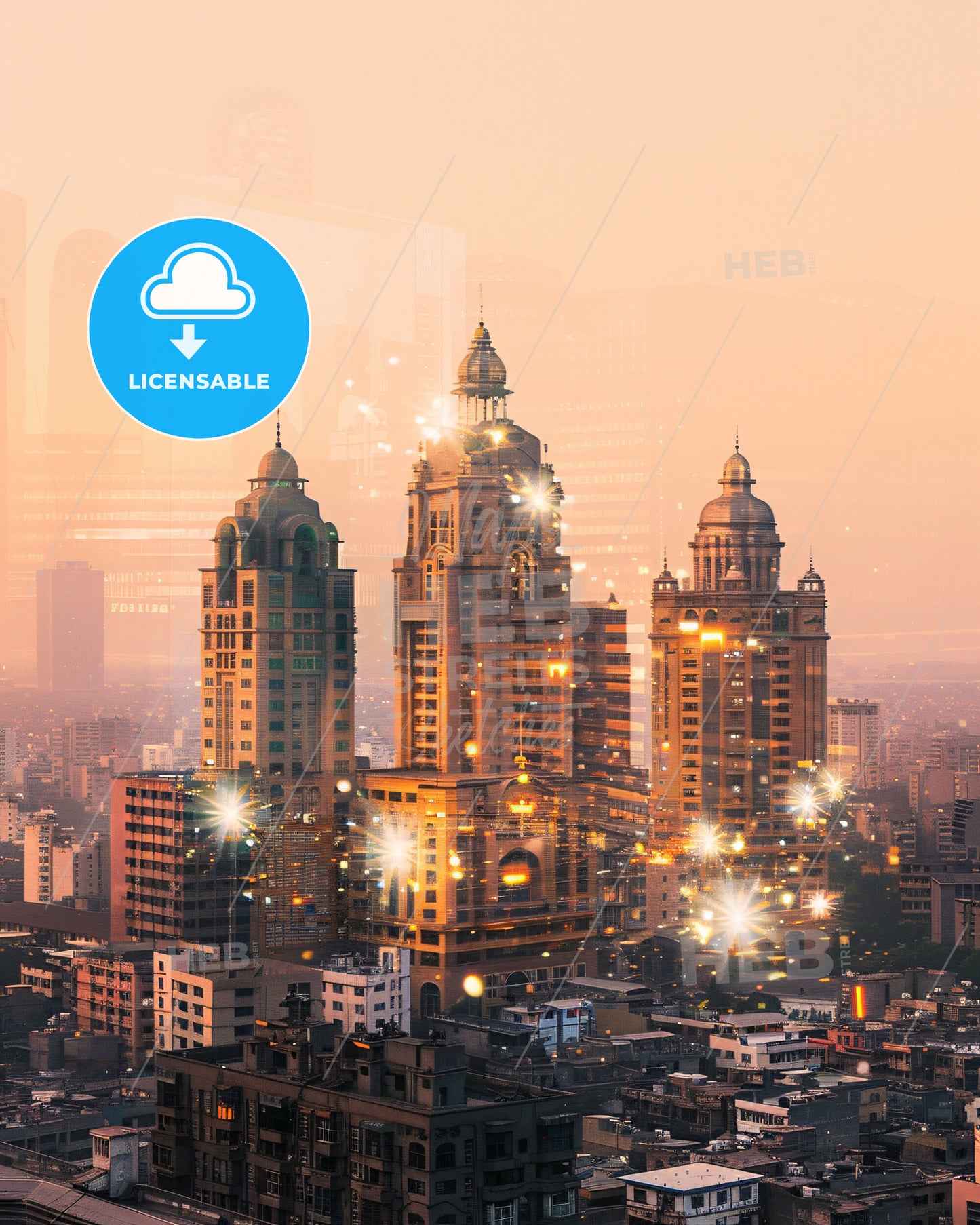 Karachi Skyline Double Exposure Art Poster - Lingaraja Temple with many tall buildings