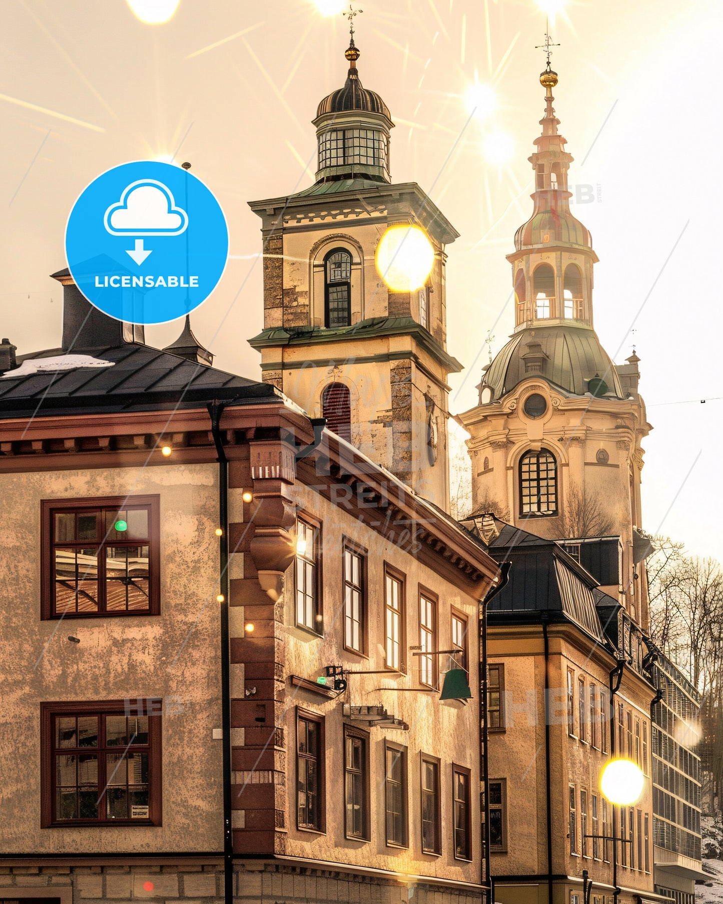 Karlstad City Skyline Double Exposure Art Poster - A building with a tower and a bell tower