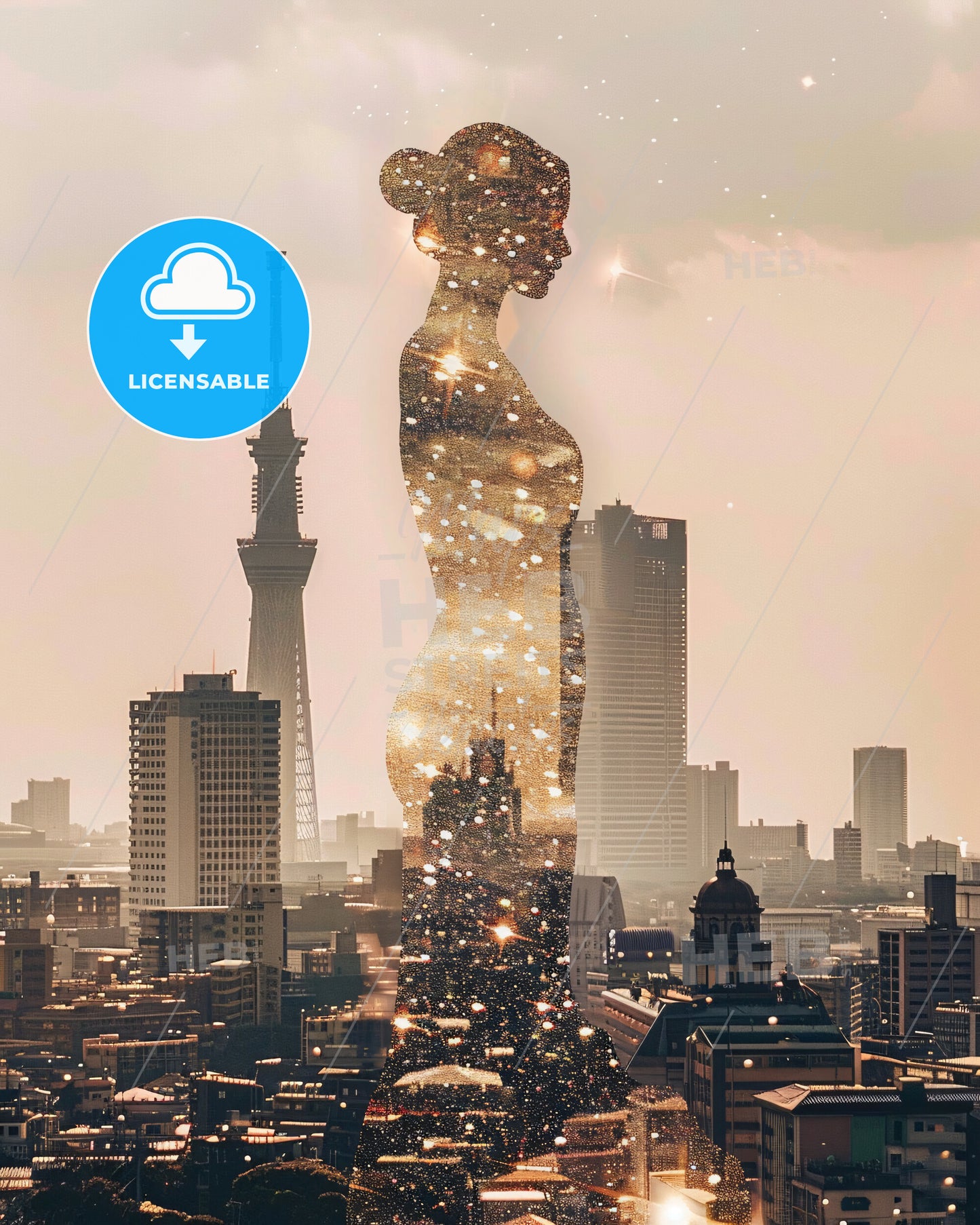 Kawasaki Skyline Double Exposure Art - A woman in a city