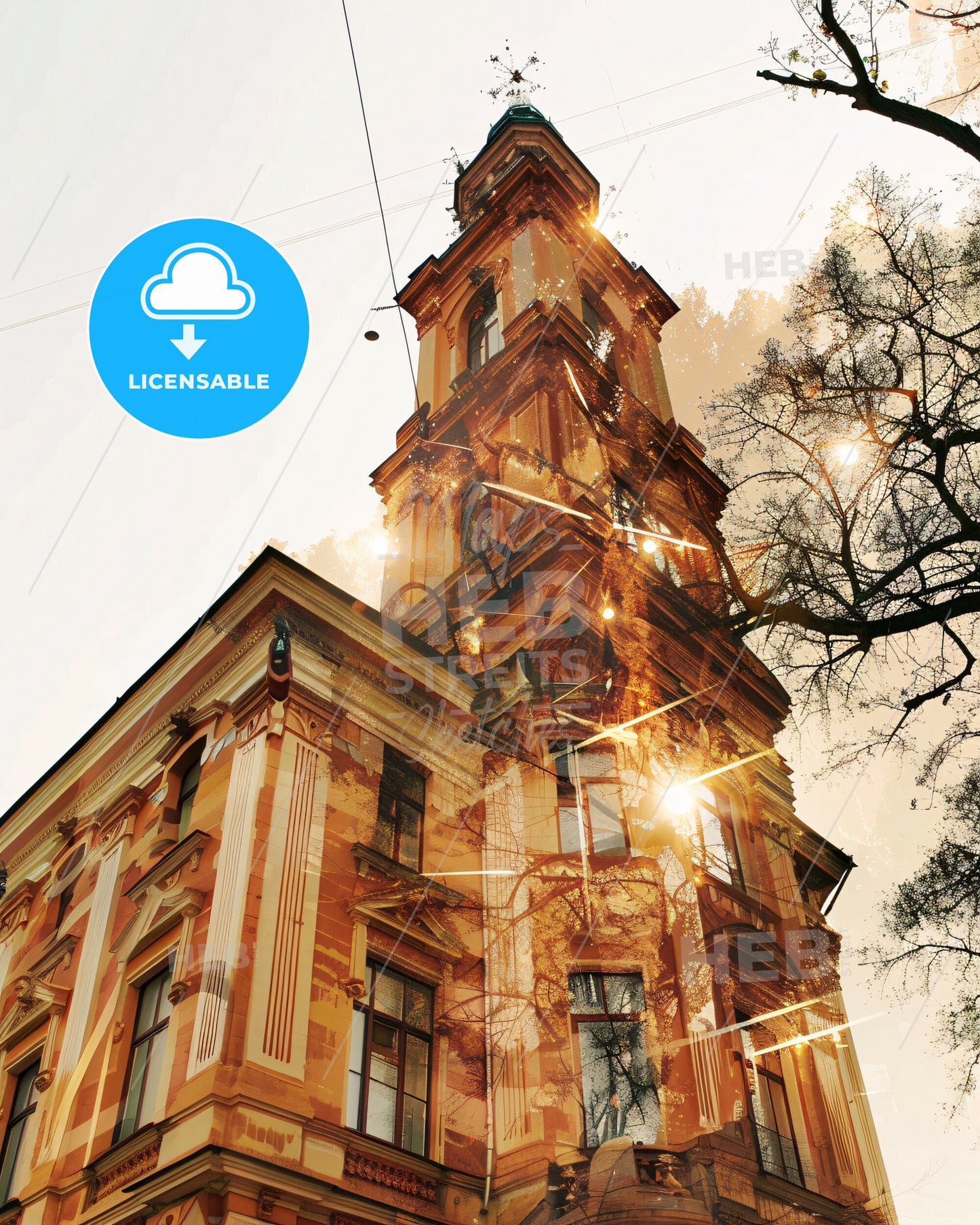 Kherson City Skyline Double Exposure Poster Art - A building with a tower and a tree