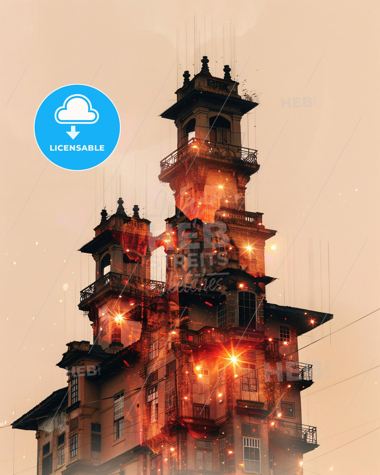 Kisangani Congo Skyline Double Exposure Composite - A building with a tower and fire
