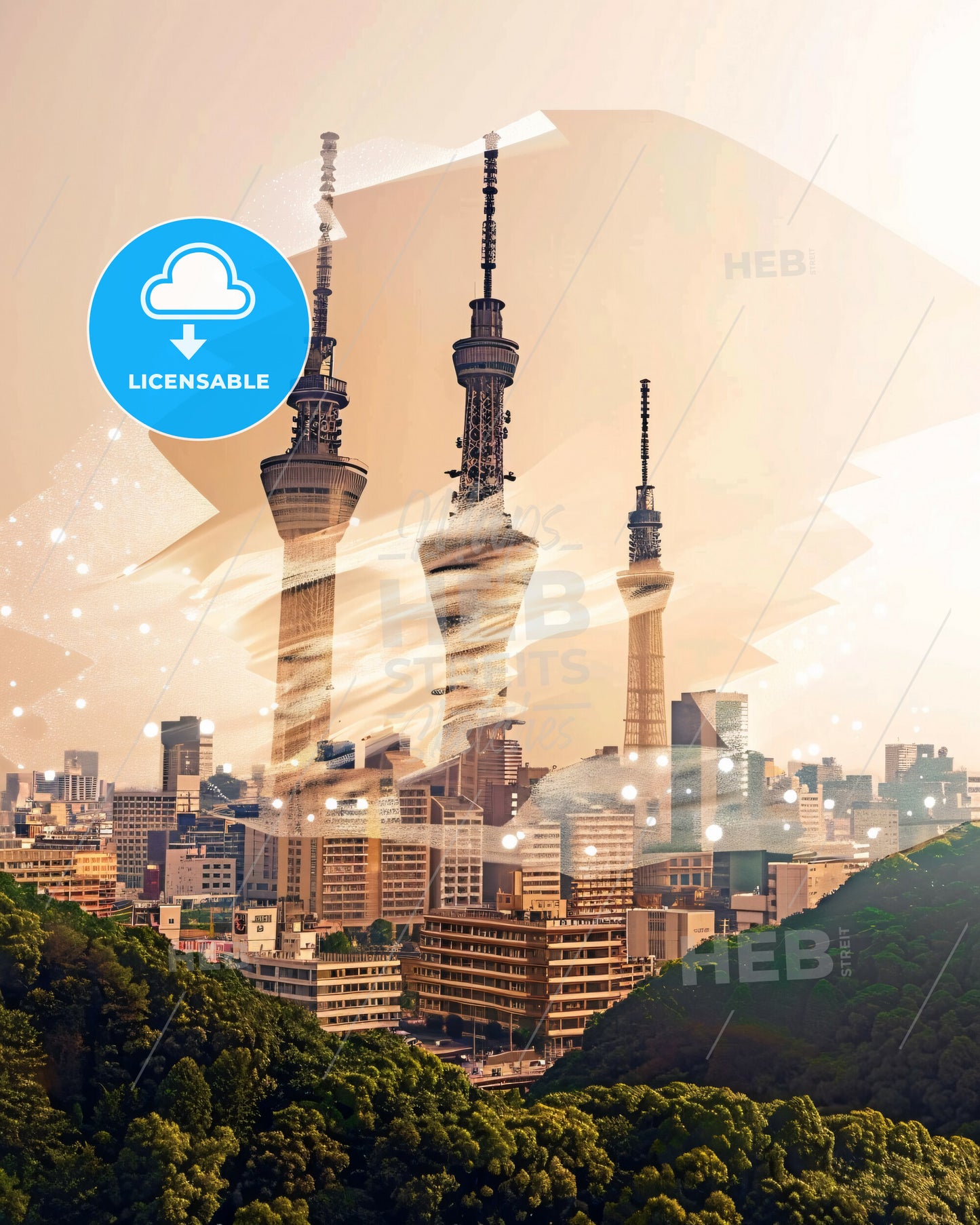 Kitakyushu Skyline Double Exposure Architectural Art - A city with tall towers and trees