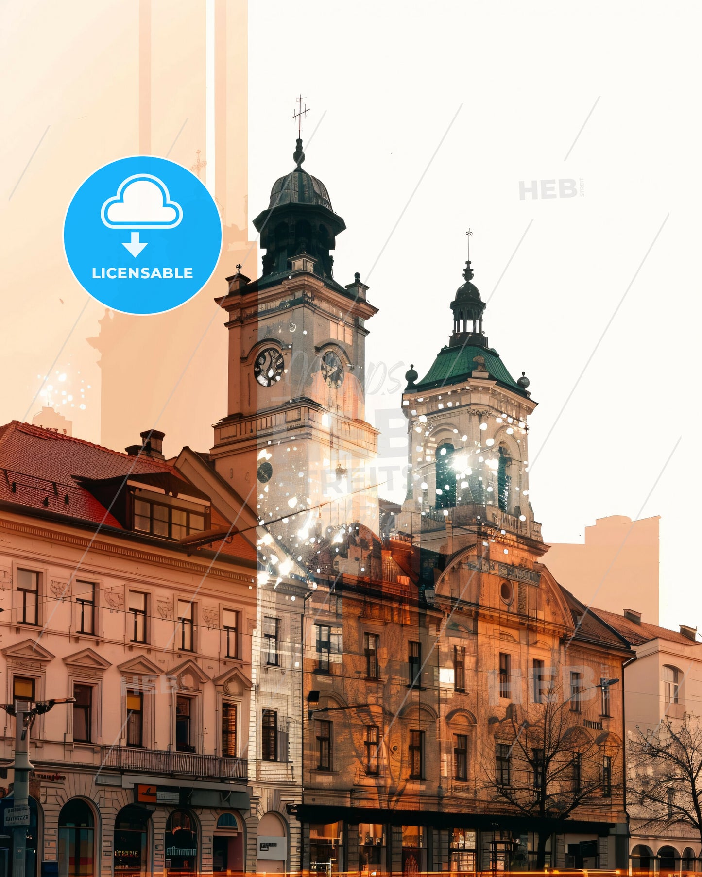 Kosice Skyline Double Exposure Local Colors Poster - A building with a clock tower