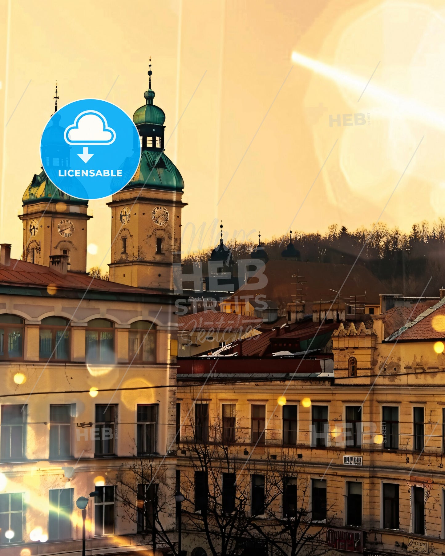 Kosice Cityscape Double Exposure Art Poster - A building with a clock tower