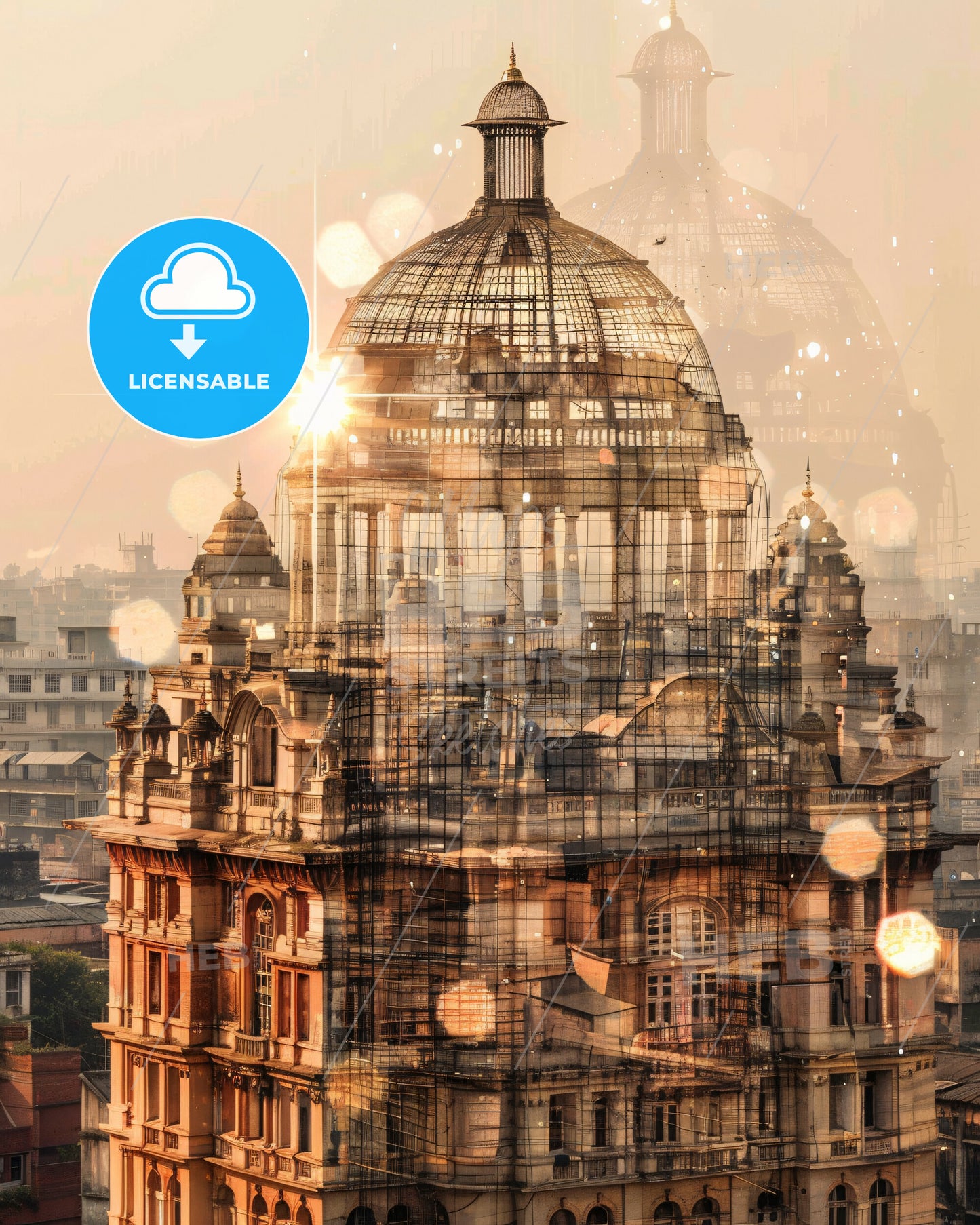 Kolkata Skyline Double Exposure Art - A building with a dome