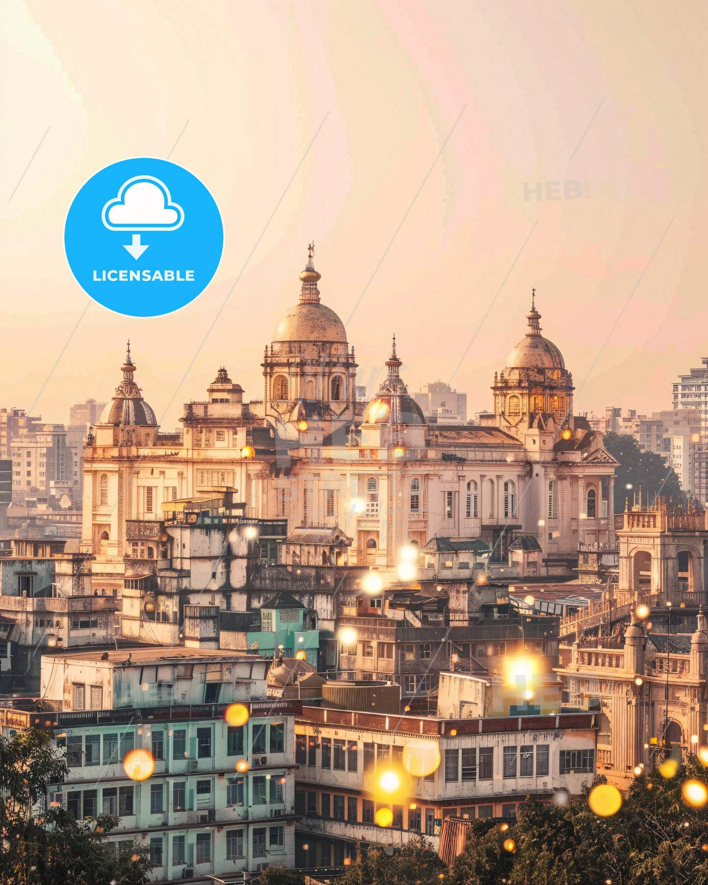 Kolkata Skyline Double Exposure City Lights Glitter - A large building with domes and a city in the background