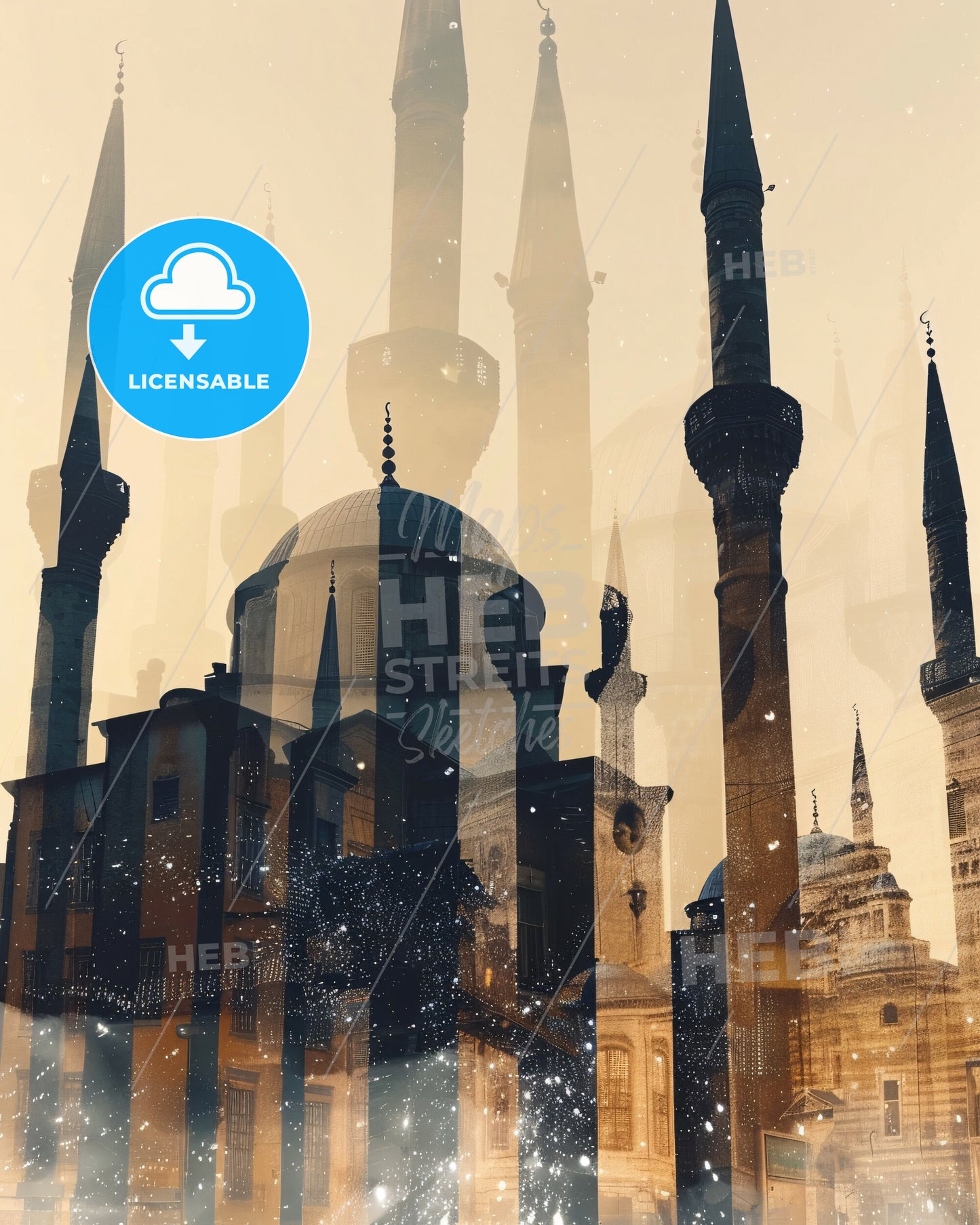 Konya Skyline Art: Local Icons on Beige - A multiple exposure of a city