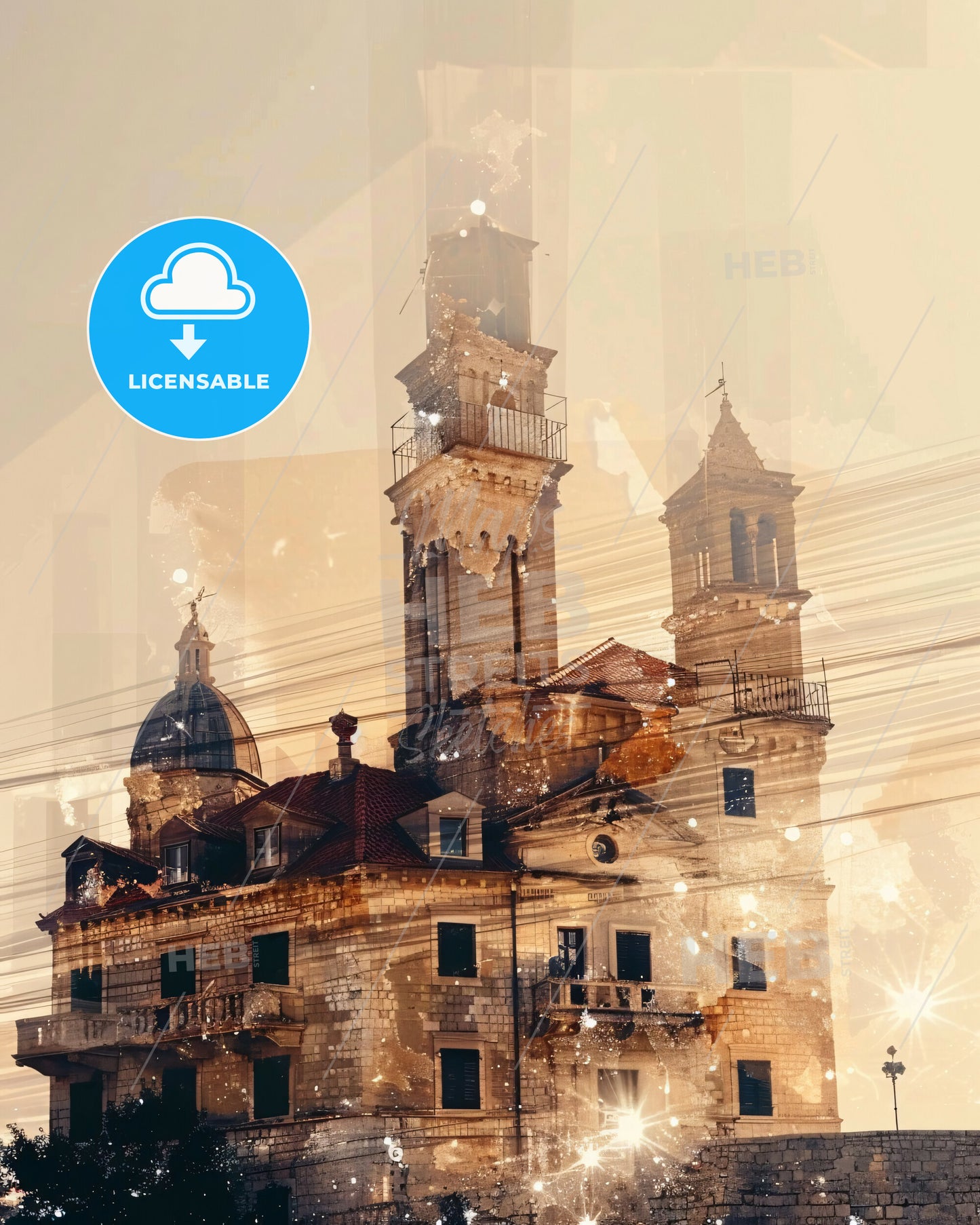 Korcula Double Exposure Composite Art Skyline - A building with a tower and a tower