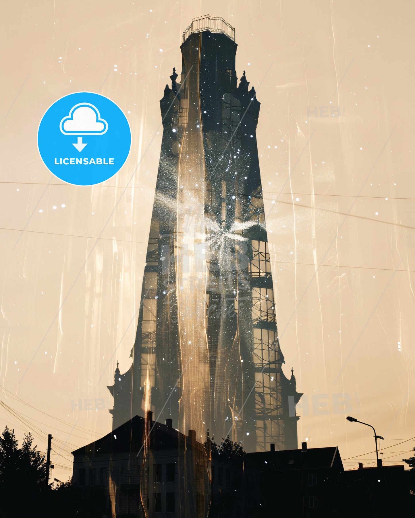 Kópavogur Double Exposure Skyline Poster Art - A tall building with a tower and a tower with a tower and a tower with a tower and a tower with a tower and a tower with a tower and a tower with a tower and a tower