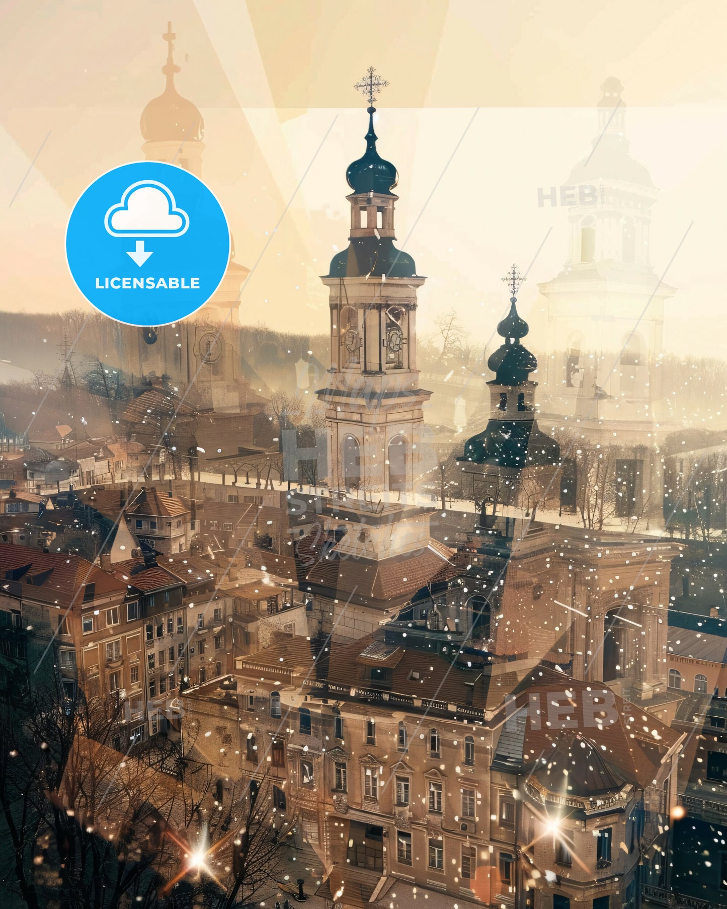 Kragujevac City Skyline Art Double Exposure - A building with a steeple and a snowflake