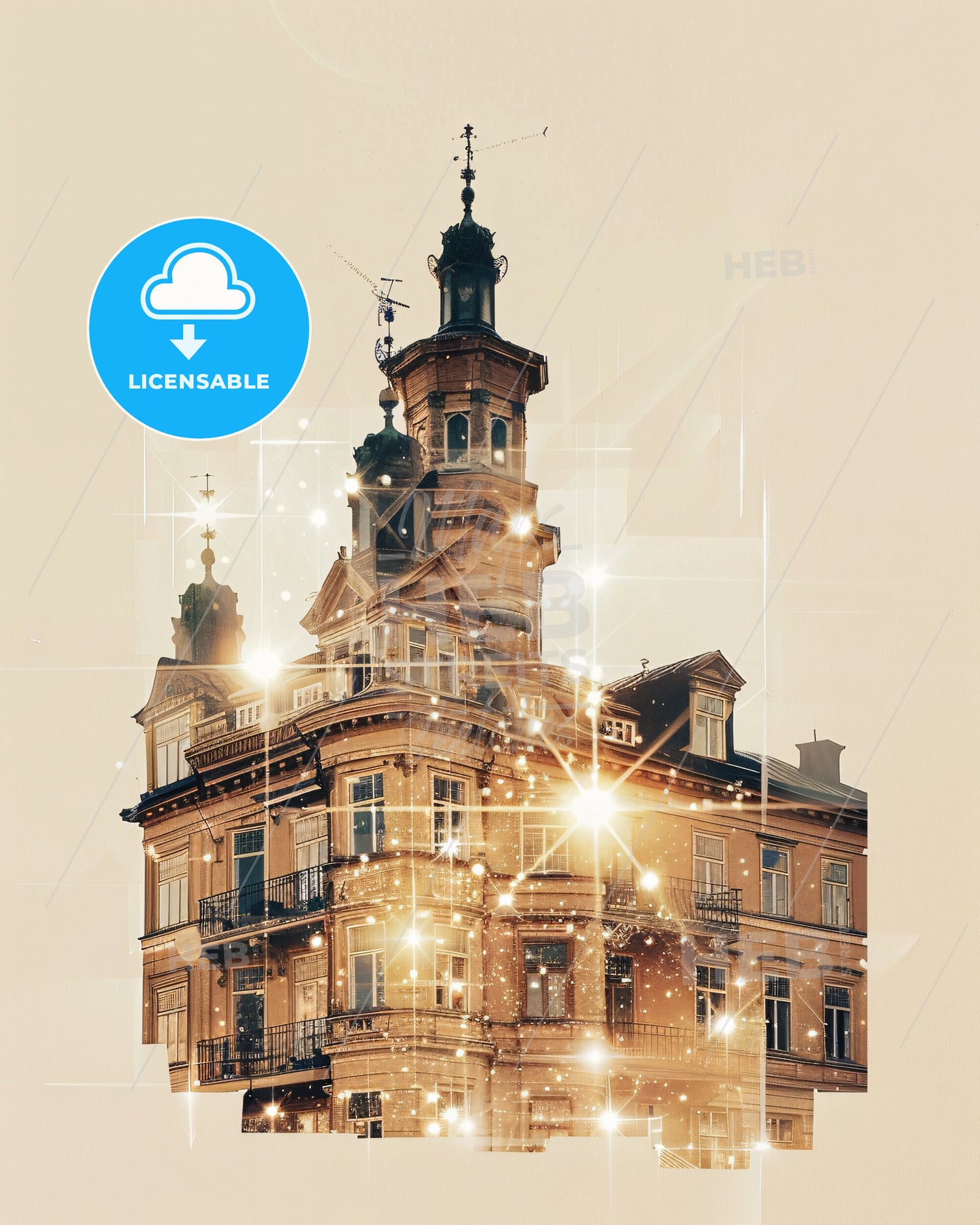 Kristianstad: City Icons on Shimmering Beige - A building with many windows