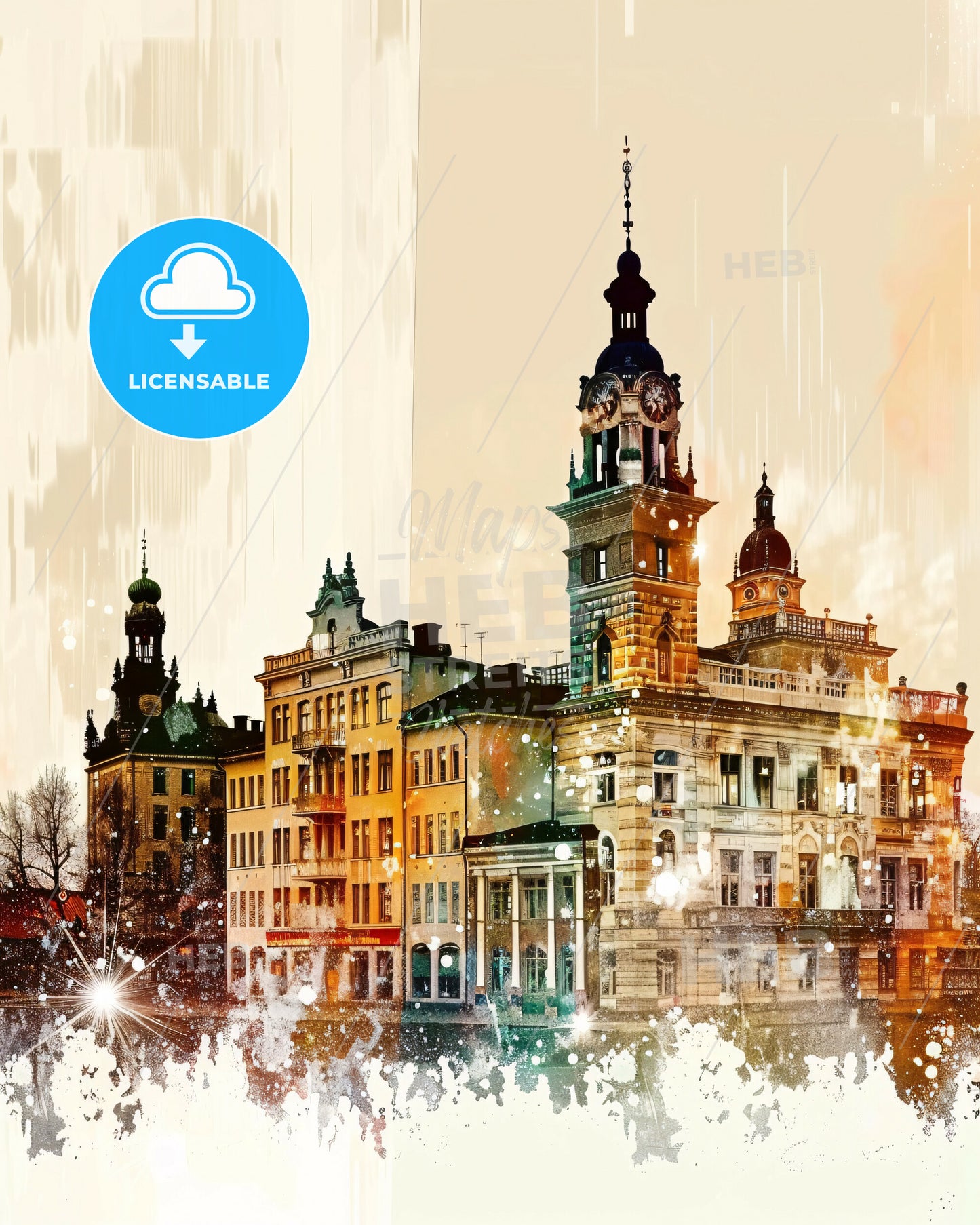 Kristianstad City Icons and Skyline Art Poster - A building with a clock tower