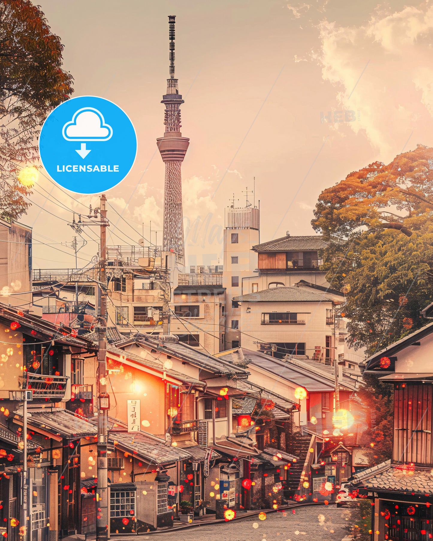 Kyoto Skyline Minimalist Japanese Poster - A street with buildings and a tower in the background