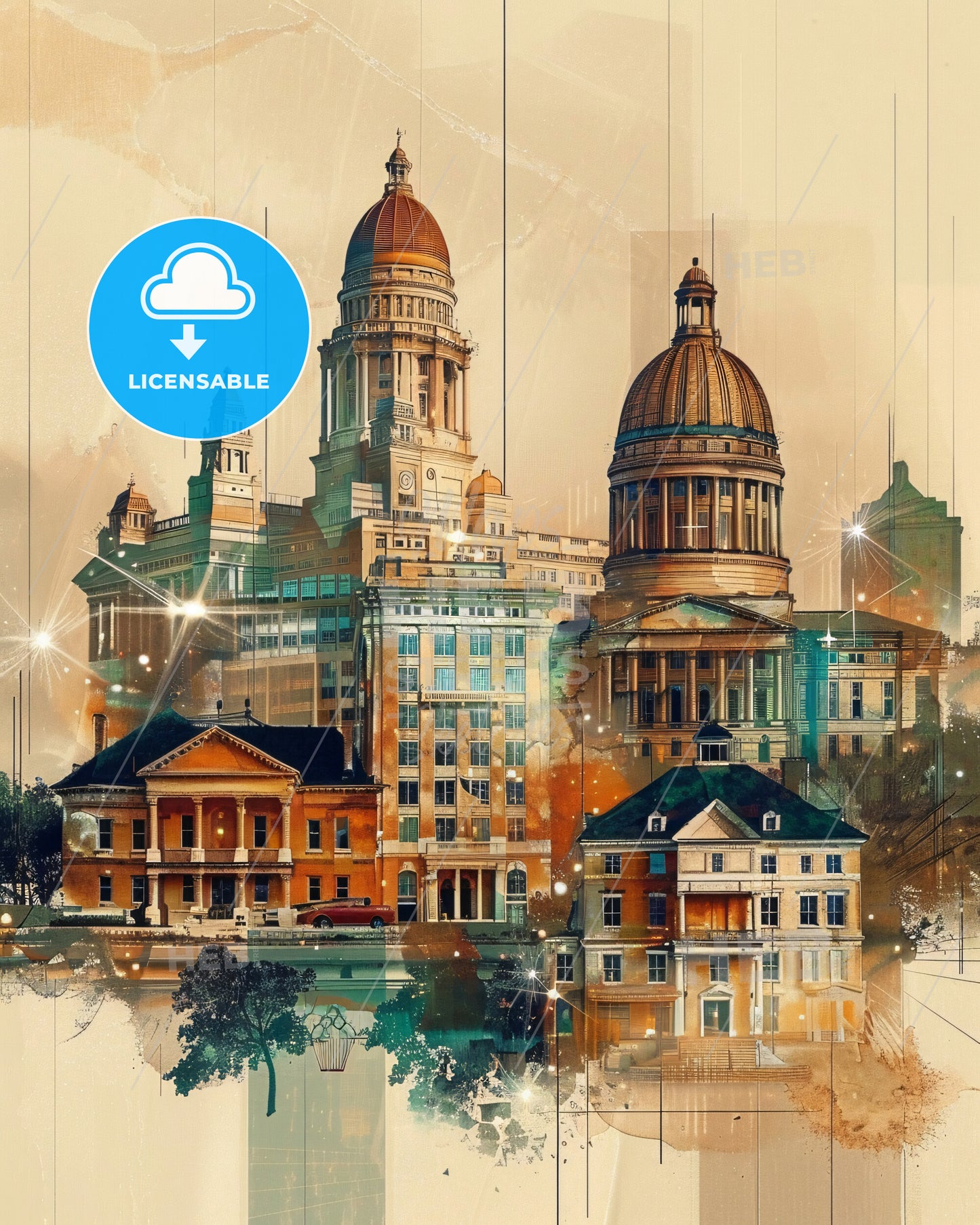 Lafayette City Skyline Art Composite Double Exposure - A large building with domed roofs