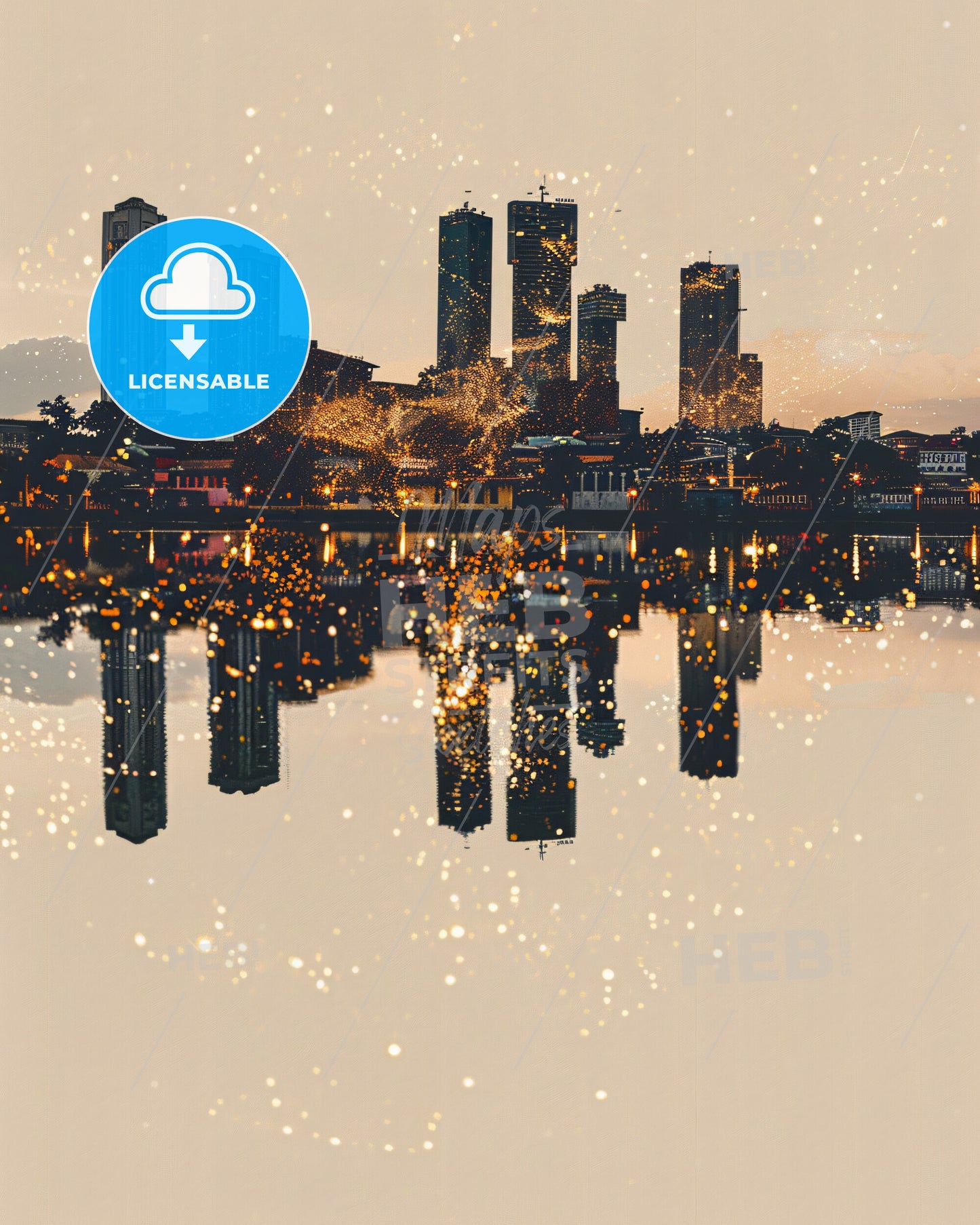 Lagos Skyline in Vibrant Beige & Sparkle - A city skyline with lights reflecting in water