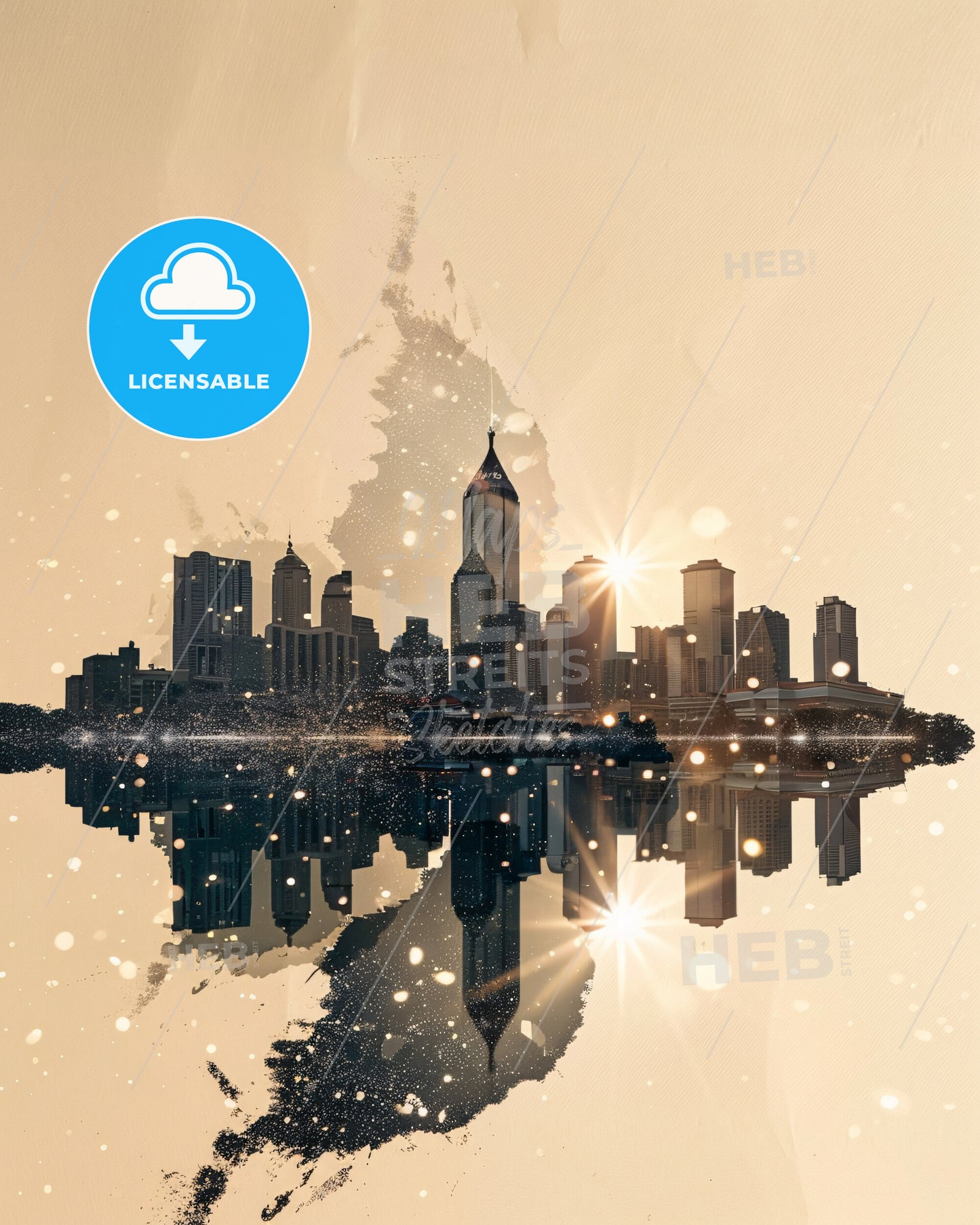 Lagos Skyline Composite Double Exposure - A city skyline with lights reflecting on water