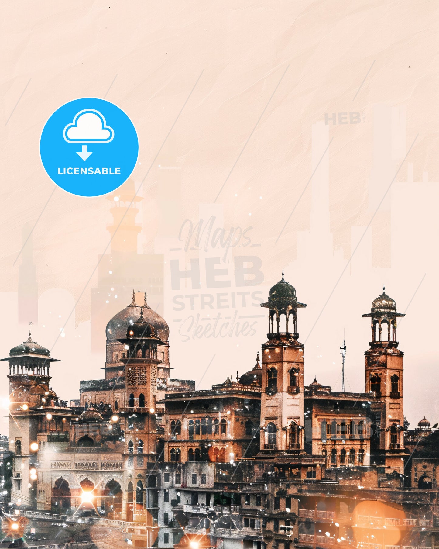 Lahore Skyline Night Sparkle Composite Poster - A large building with towers and a city skyline