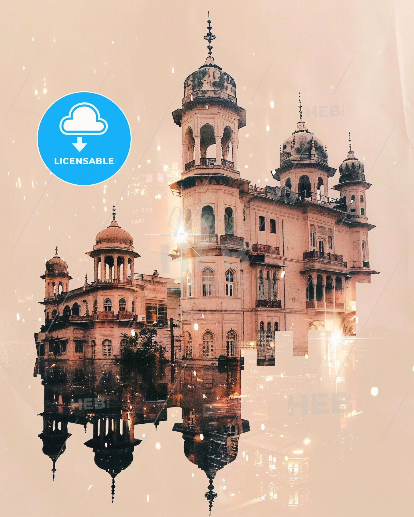 Lahore Skyline Double Exposure Local Colors - A building with towers and a reflection of it