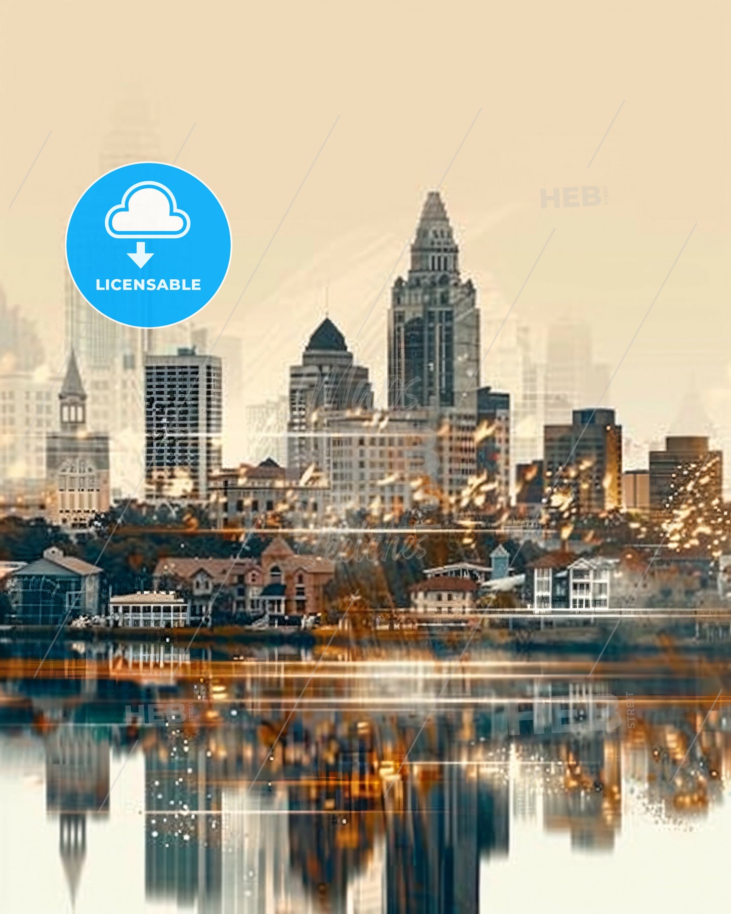 Lakeland City Skyline Composite Art - A city skyline with buildings and a body of water