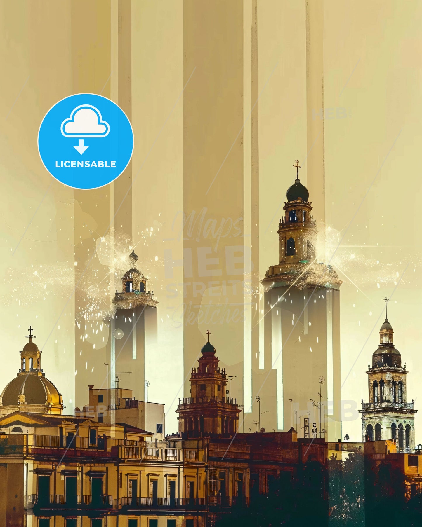 Latina: Skyline and City Icons Composite Art - A city skyline with tall buildings