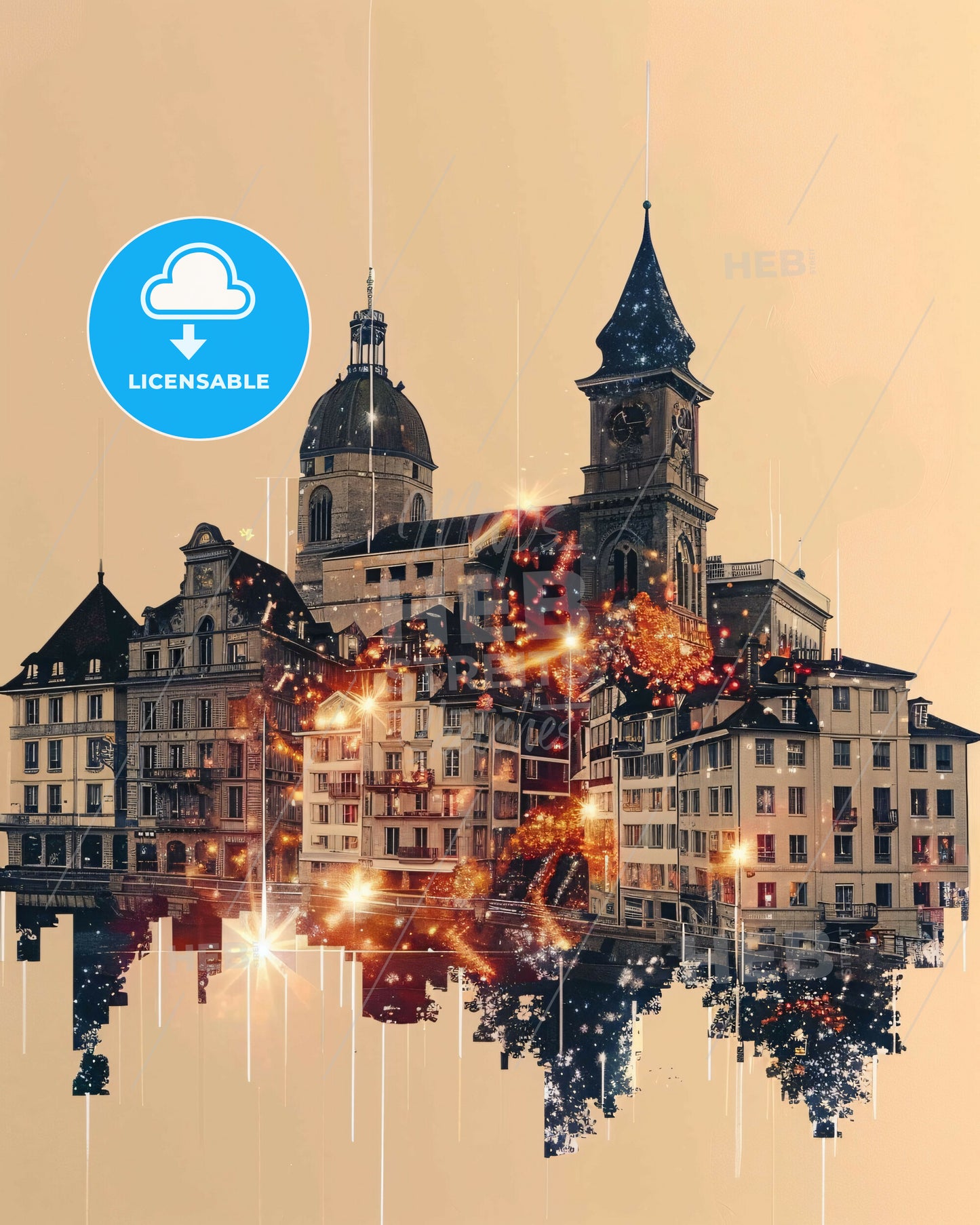 Lausanne Skyline Sparkles Bright Beige Art Print - A building with towers and a clock tower