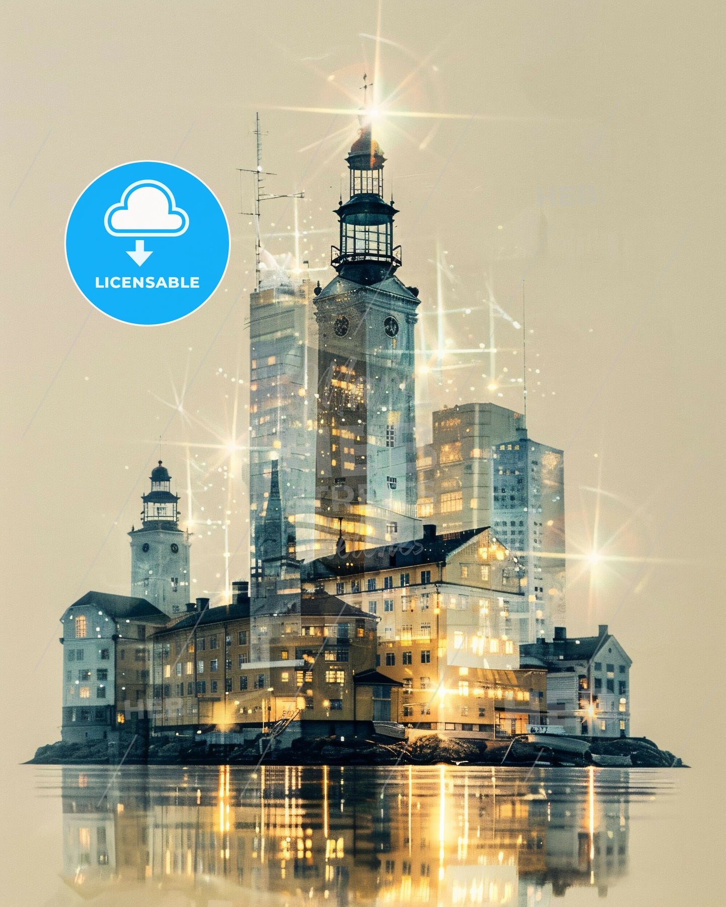 Lauttasaari Skyline Double Exposure Composite Art - A city with lights reflecting on water