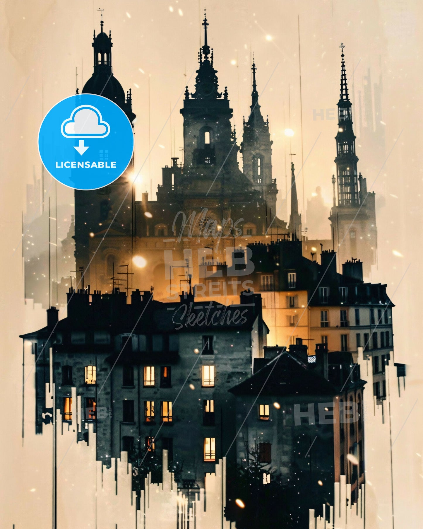 Le Tampon Skyline Silhouette Art Poster Bright Beige - A building with towers and windows