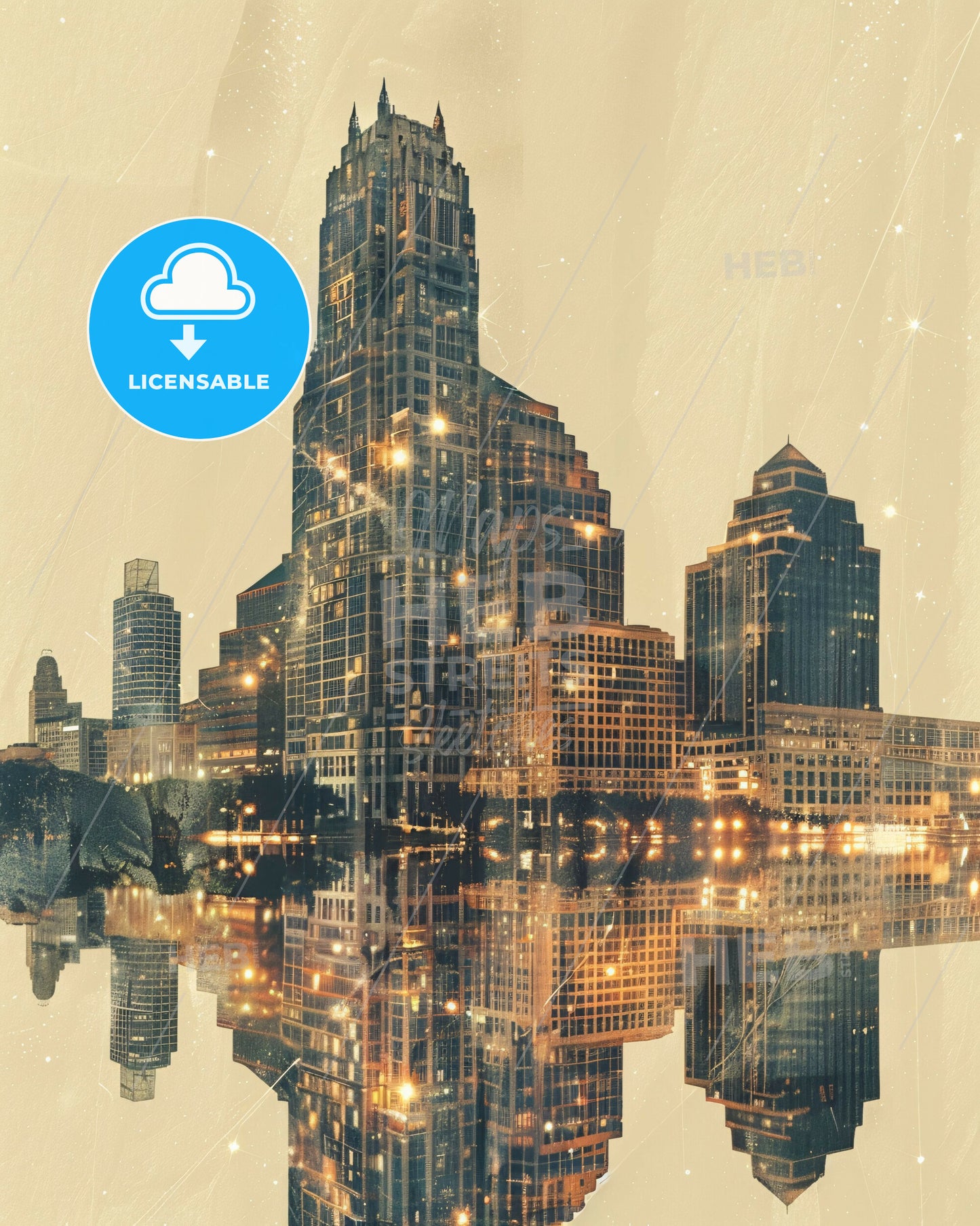 League City Skyline Composite Artwork - A city skyline with lights reflecting in water