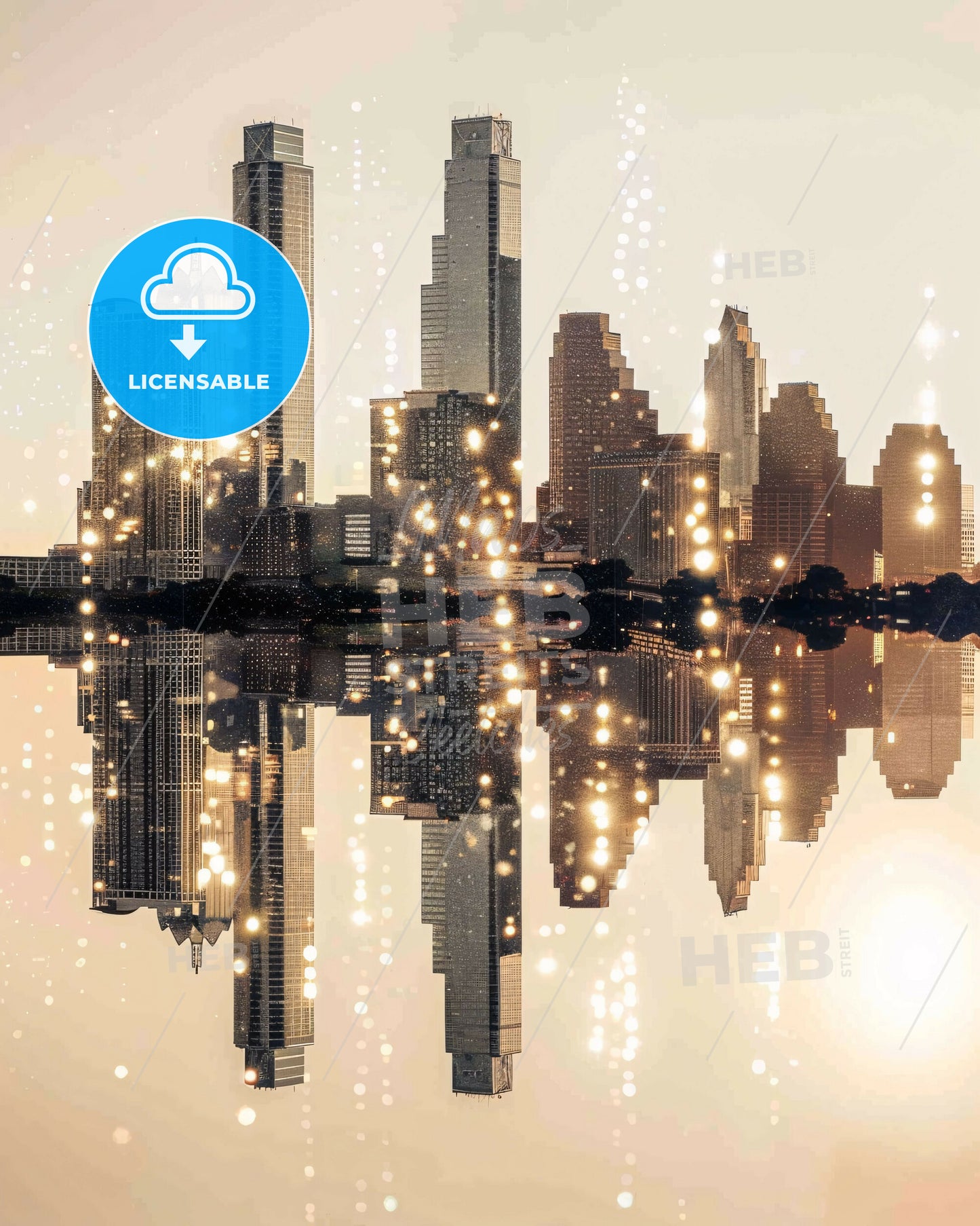 League City Skyline Double Exposure Poster Art - A city skyline reflected in water