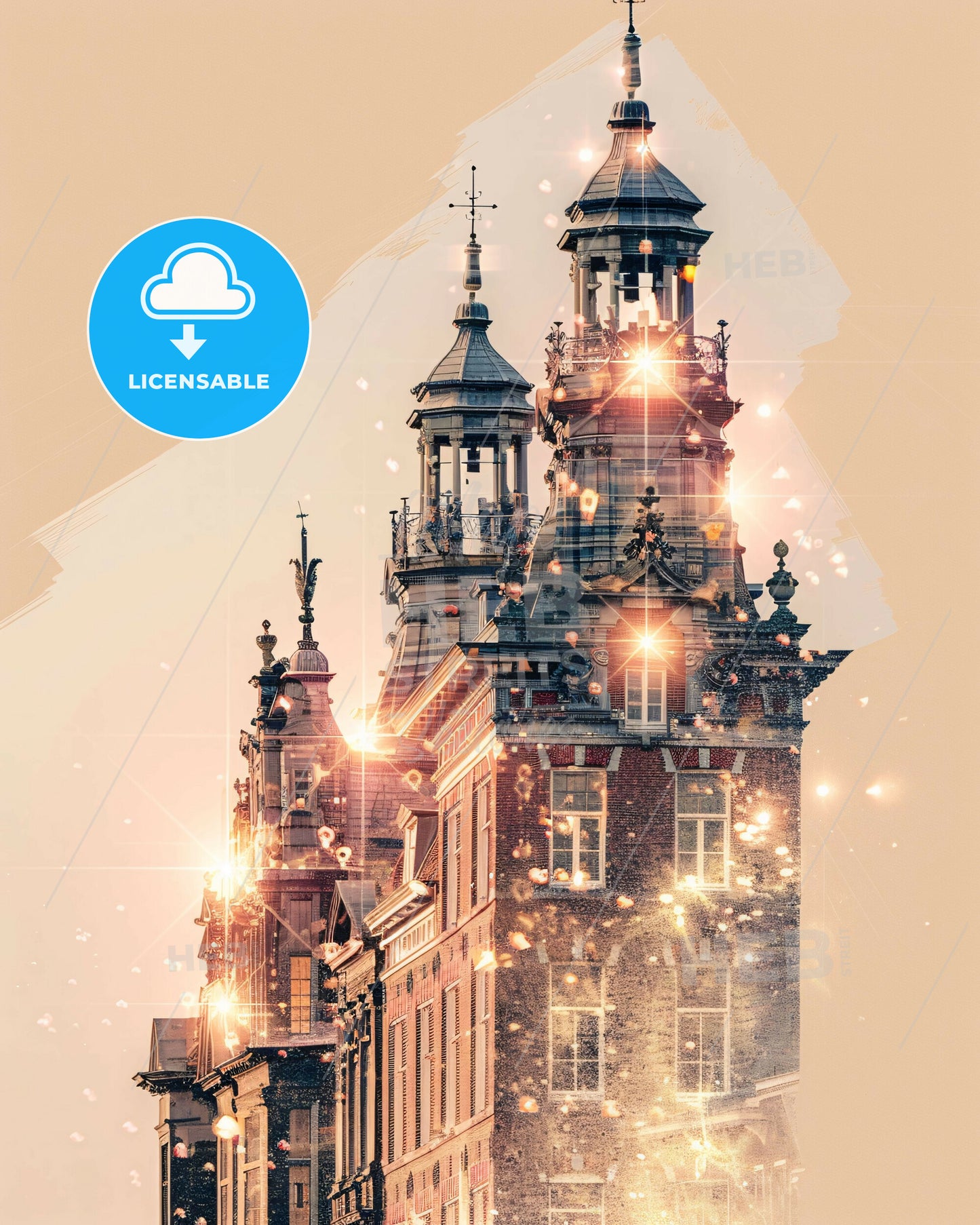 Leiden Skyline Double Exposure Art Poster - A building with many spires and lights