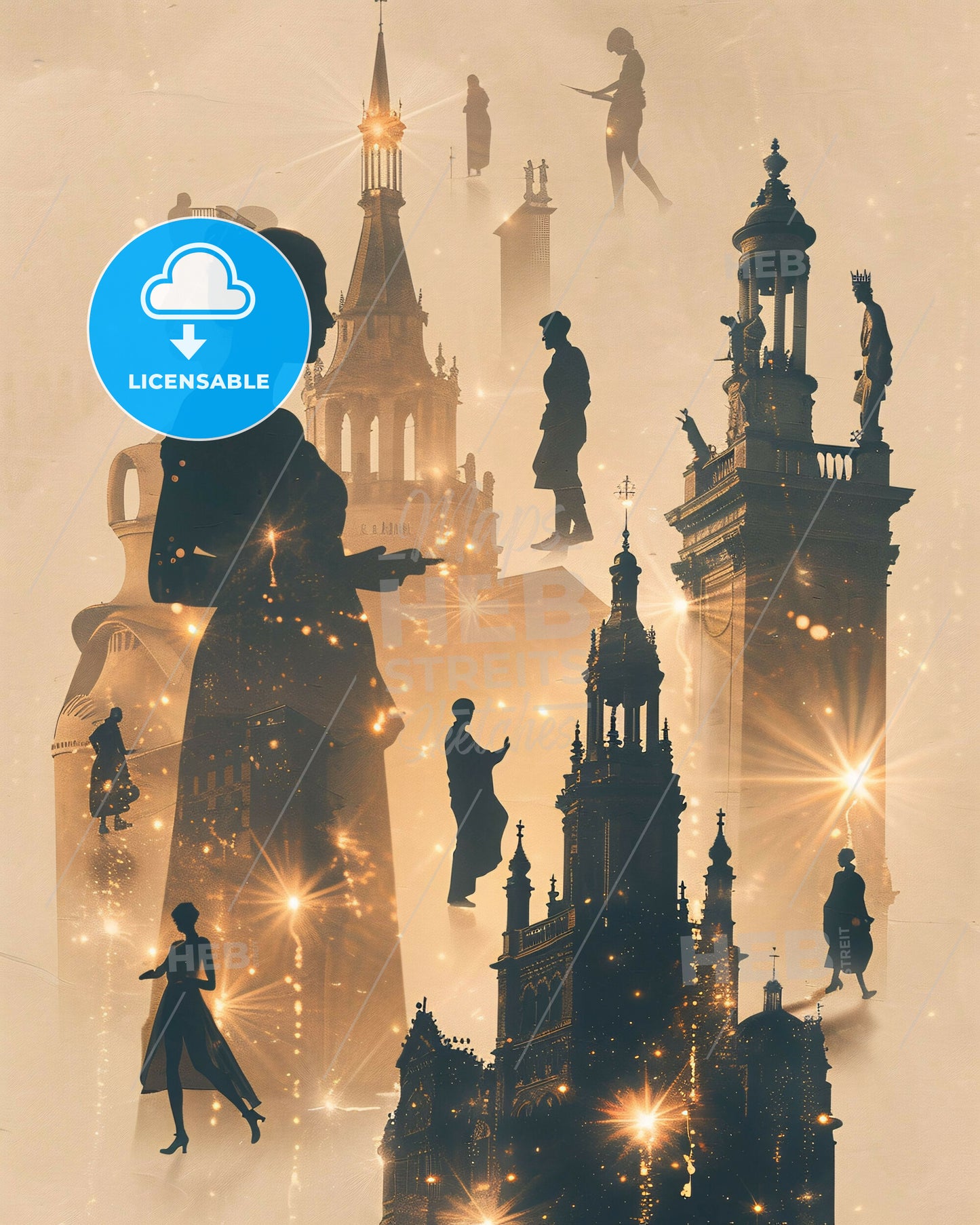 Les Abymes Skyline Cityscape Silhouette Poster - A collage of silhouettes of people and buildings