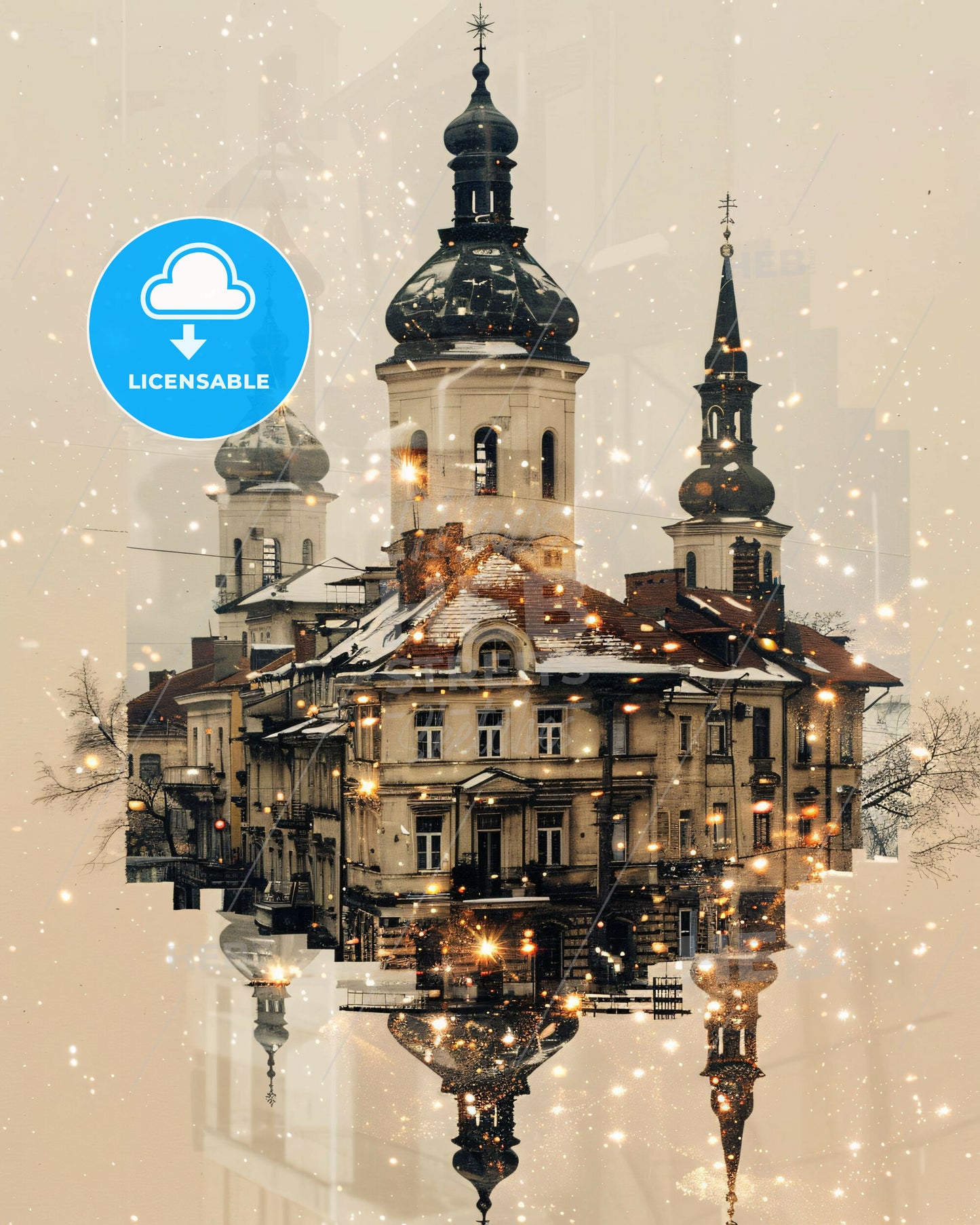 Leskovac City Skyline Double Exposure Poster Art - A building with a tower and a tower