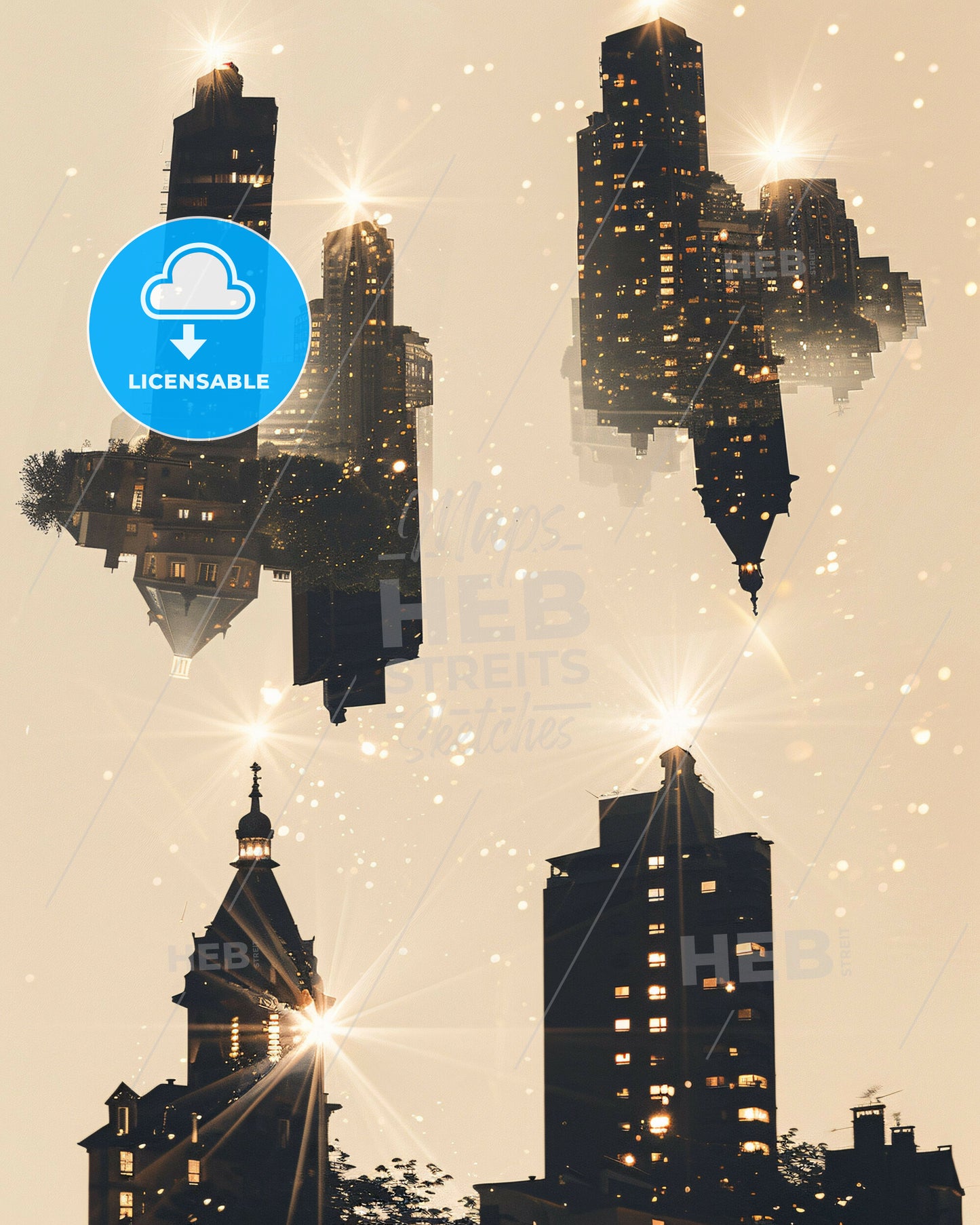 Levallois-Perret Skyline Double Exposure Art - A group of buildings with lights