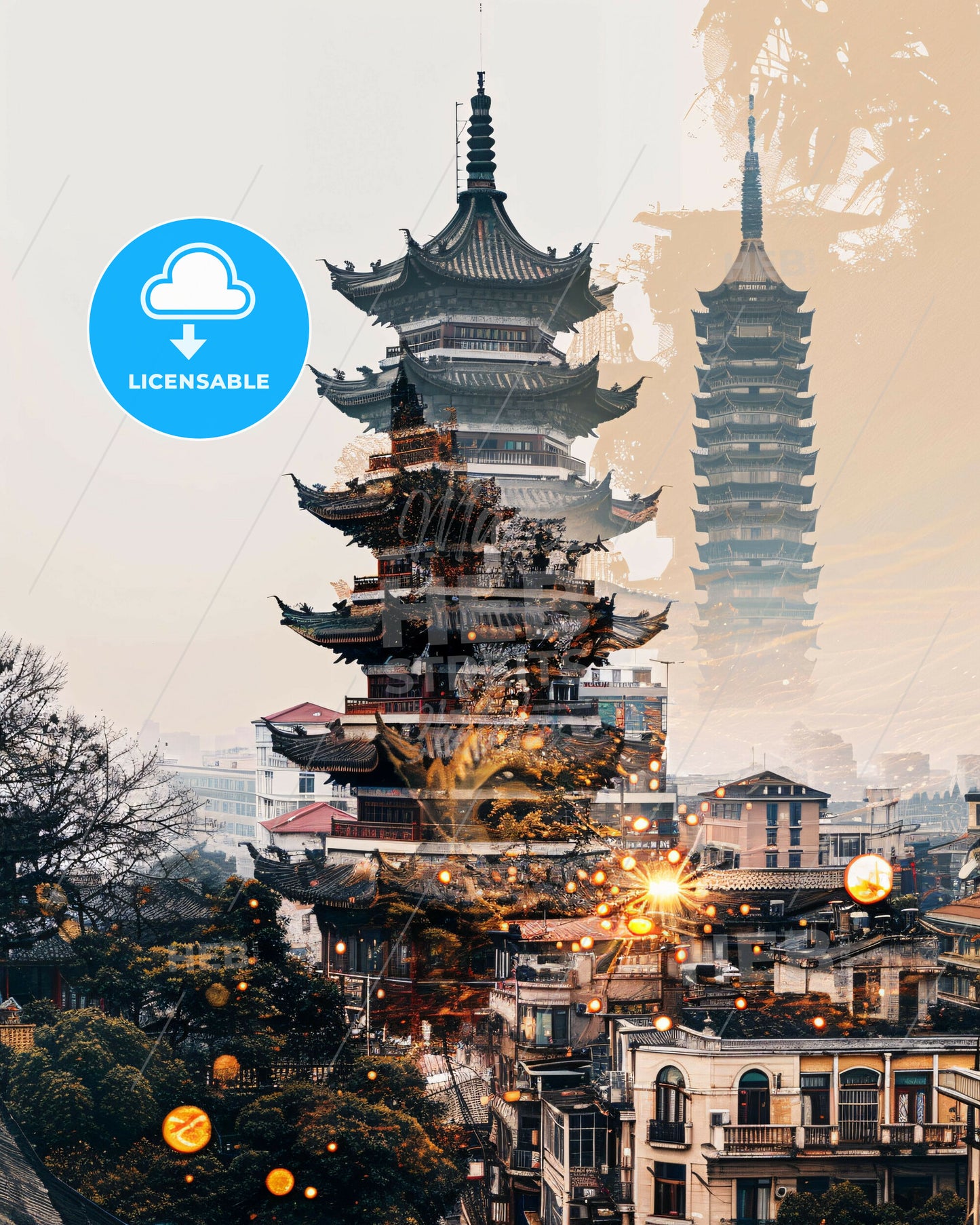 Lianyungang Skyline Minimalist Art Poster - A tall pagoda building in a city