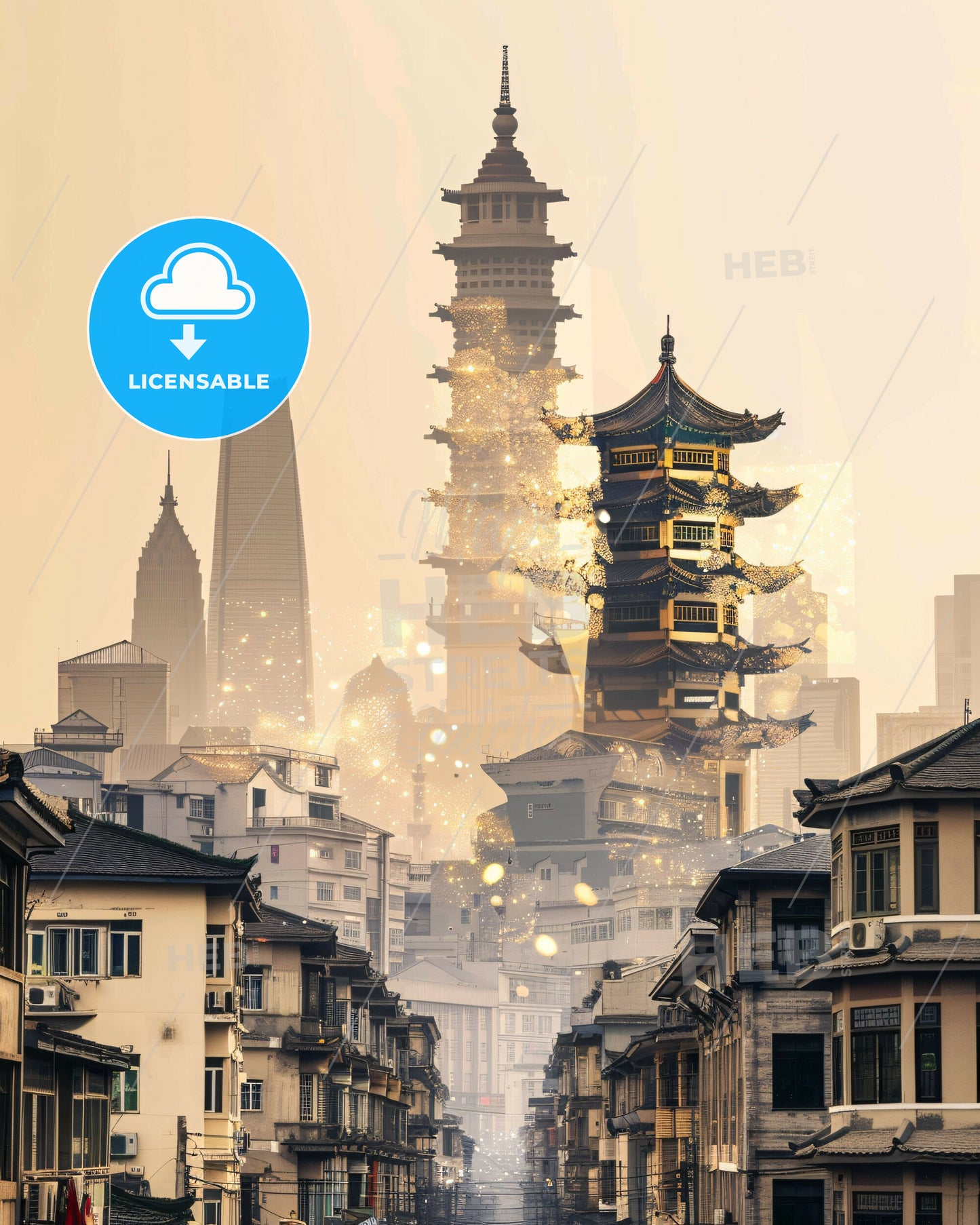 Linhai China Skyline Vista Night Lights Poster - A city with tall buildings and a tall tower