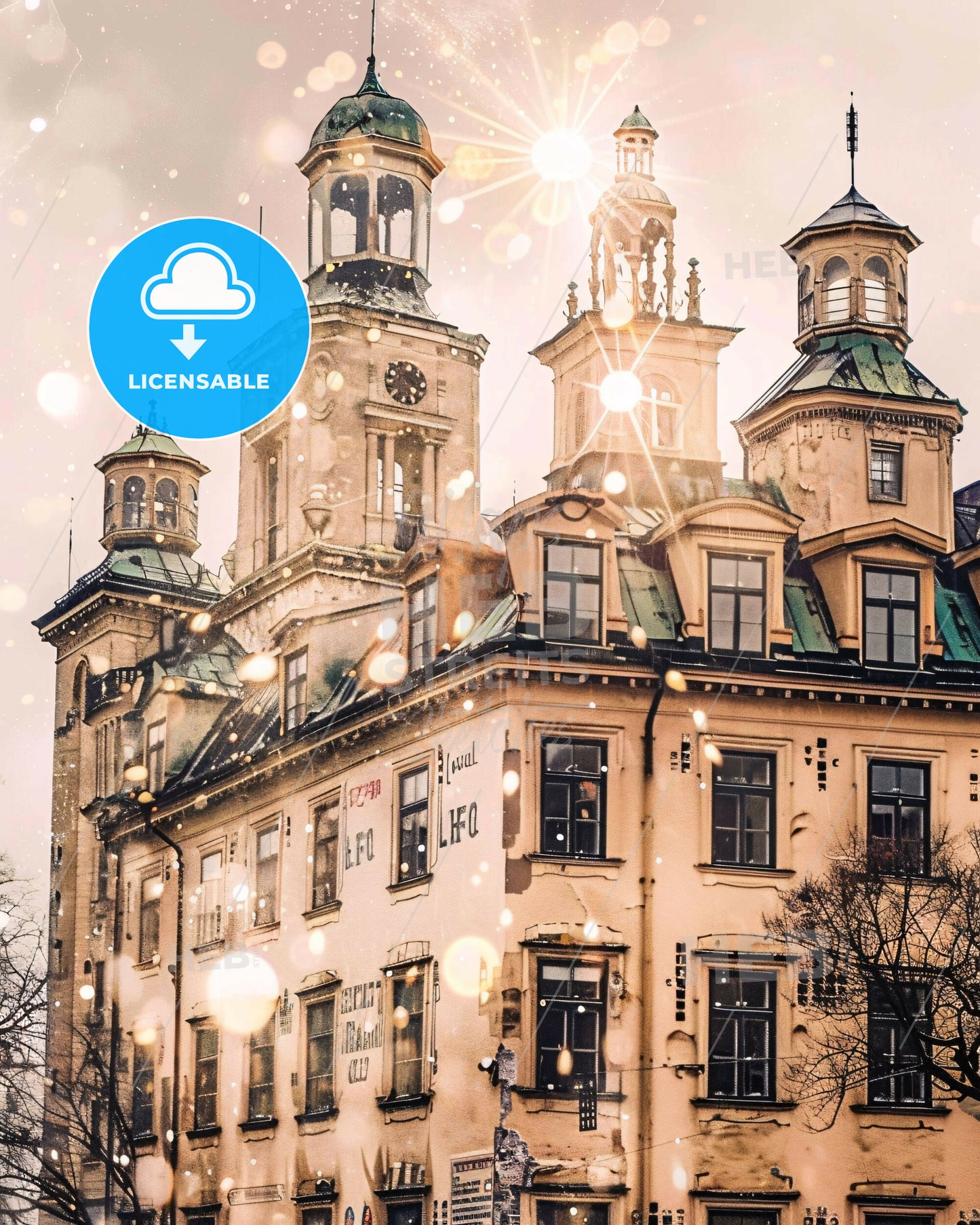 Linköping Skyline Double Exposure Art Poster - A building with a clock tower and a clock on top