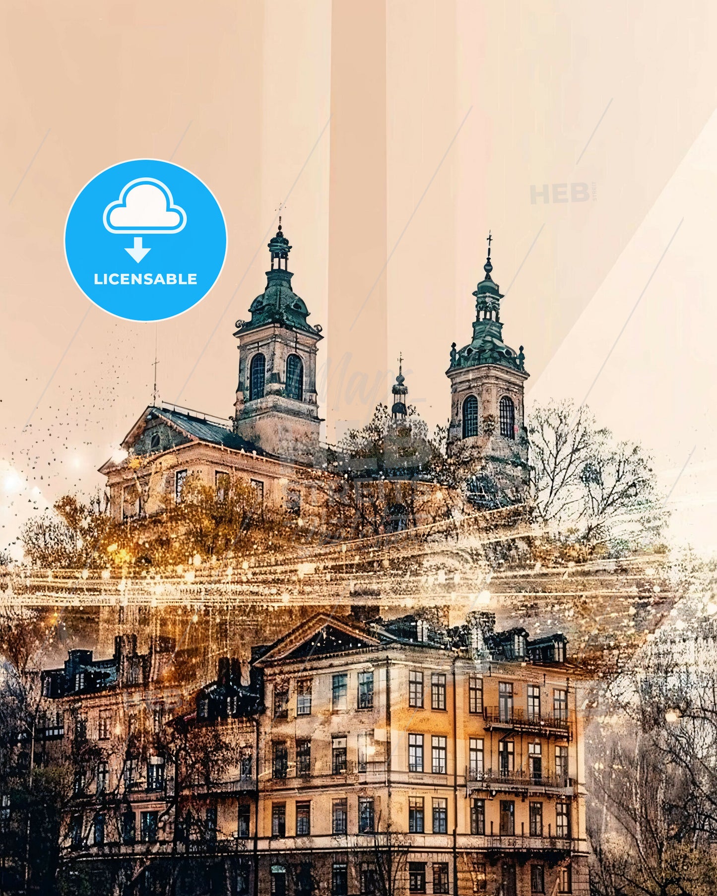 Linköping Cityscape Double Exposure Art Poster - A building with towers and trees