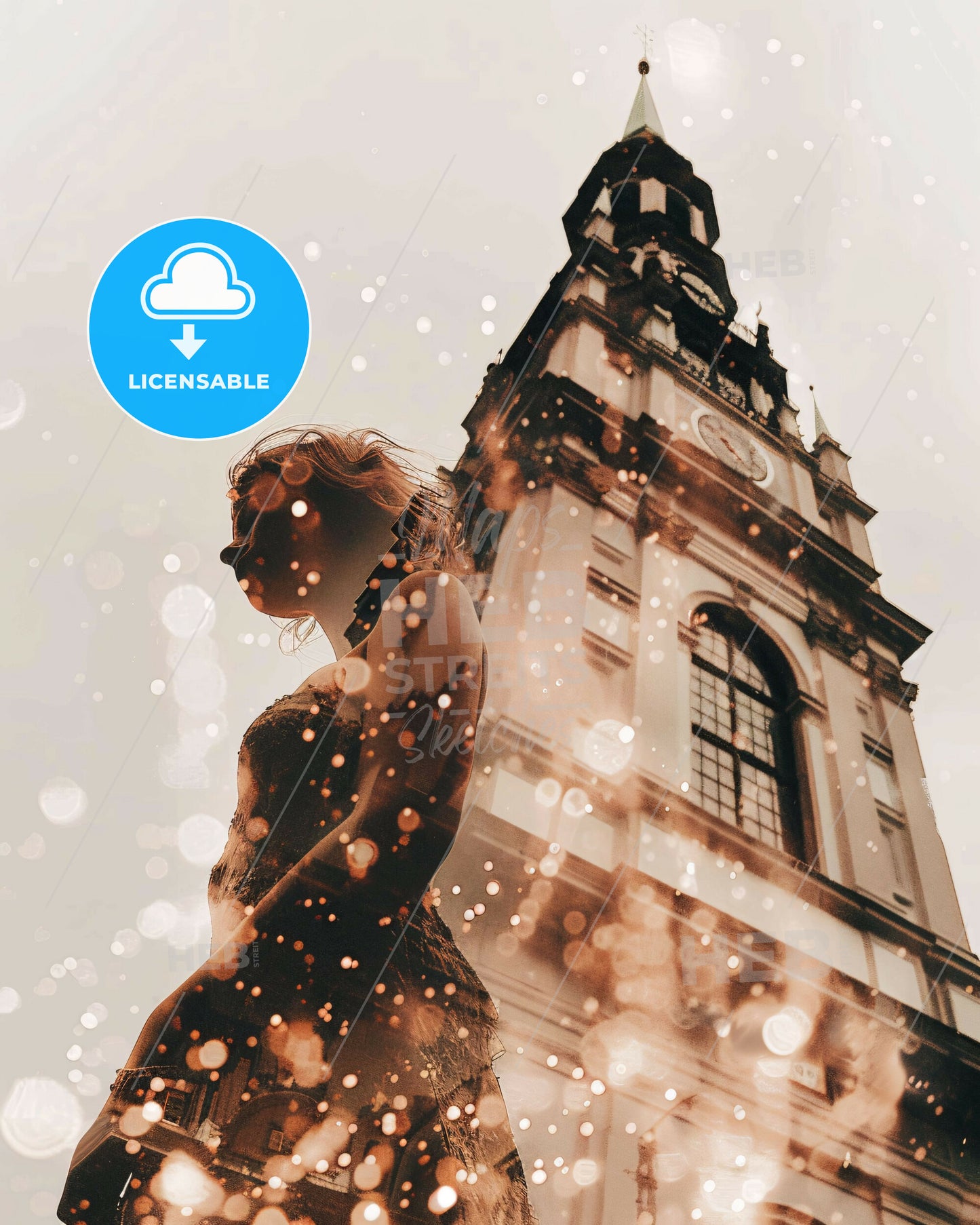 Linz Skyline Composite Art Poster, Beige - A woman standing in front of a tall building