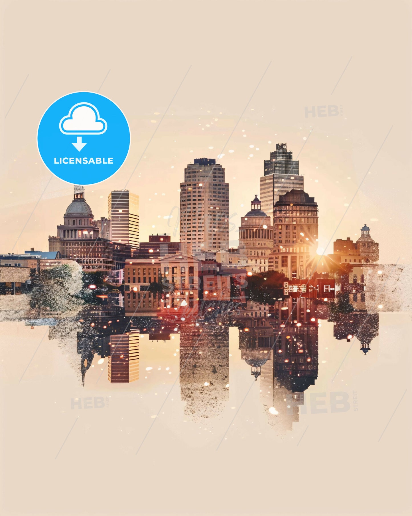 Little Rock City Skyline Poster Art with Sparkle - A city skyline with buildings reflecting in water