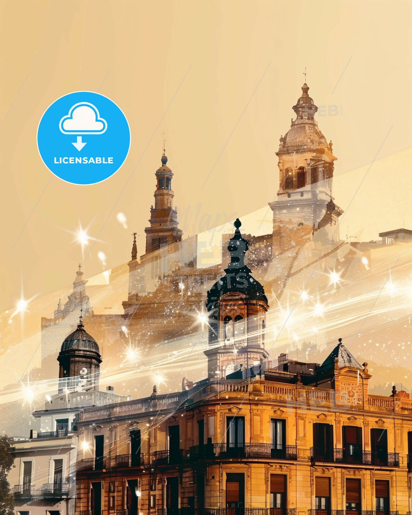 Lleida City Skyline Double Exposure Art Print - A building with towers and a star