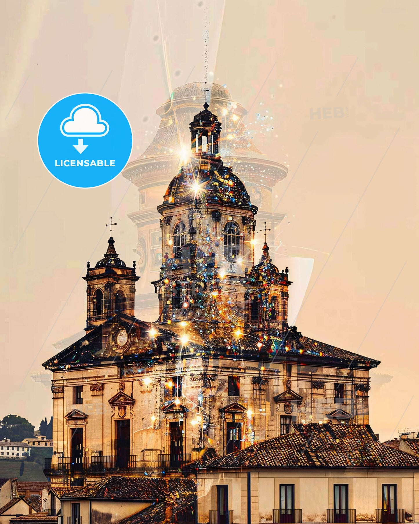 Logrono, Spain Double Exposure Artwork - A building with a tower