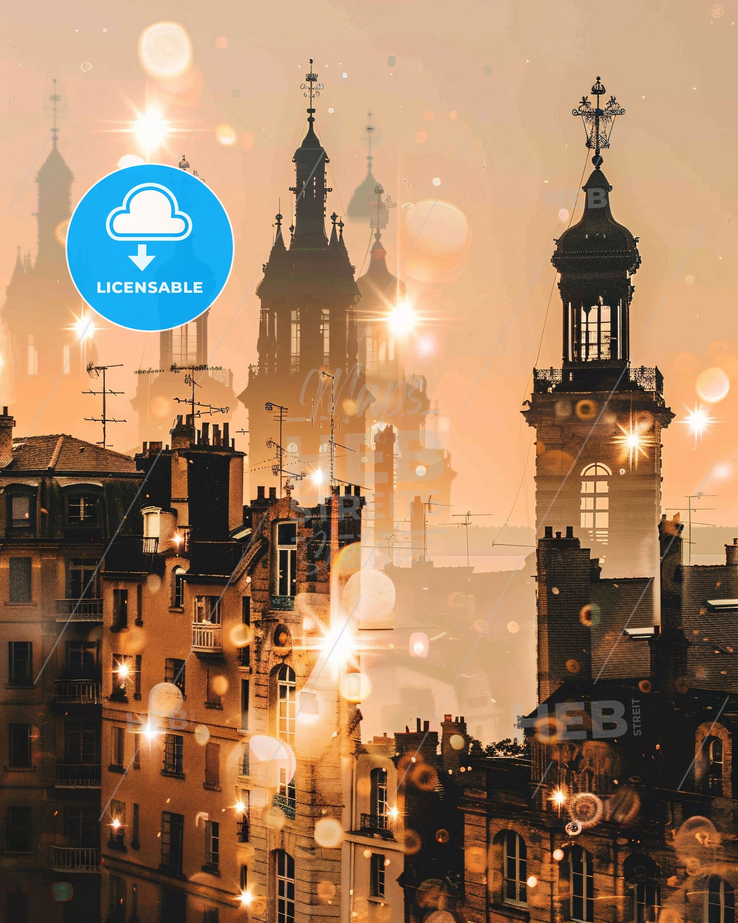 Lorient Horizon Silhouette Poster with Sparkling Lights - A city with many towers and buildings