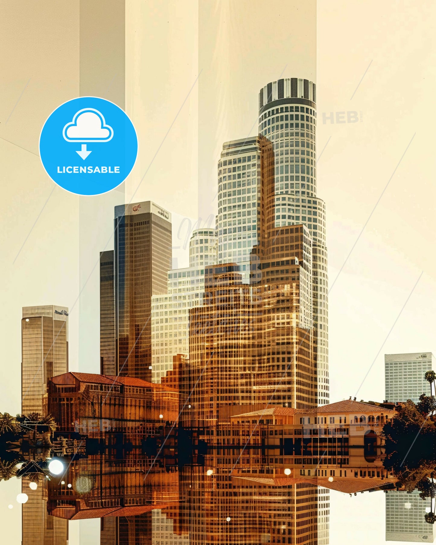 Los Angeles City Icons Double Exposure Poster - A city skyline with many tall buildings