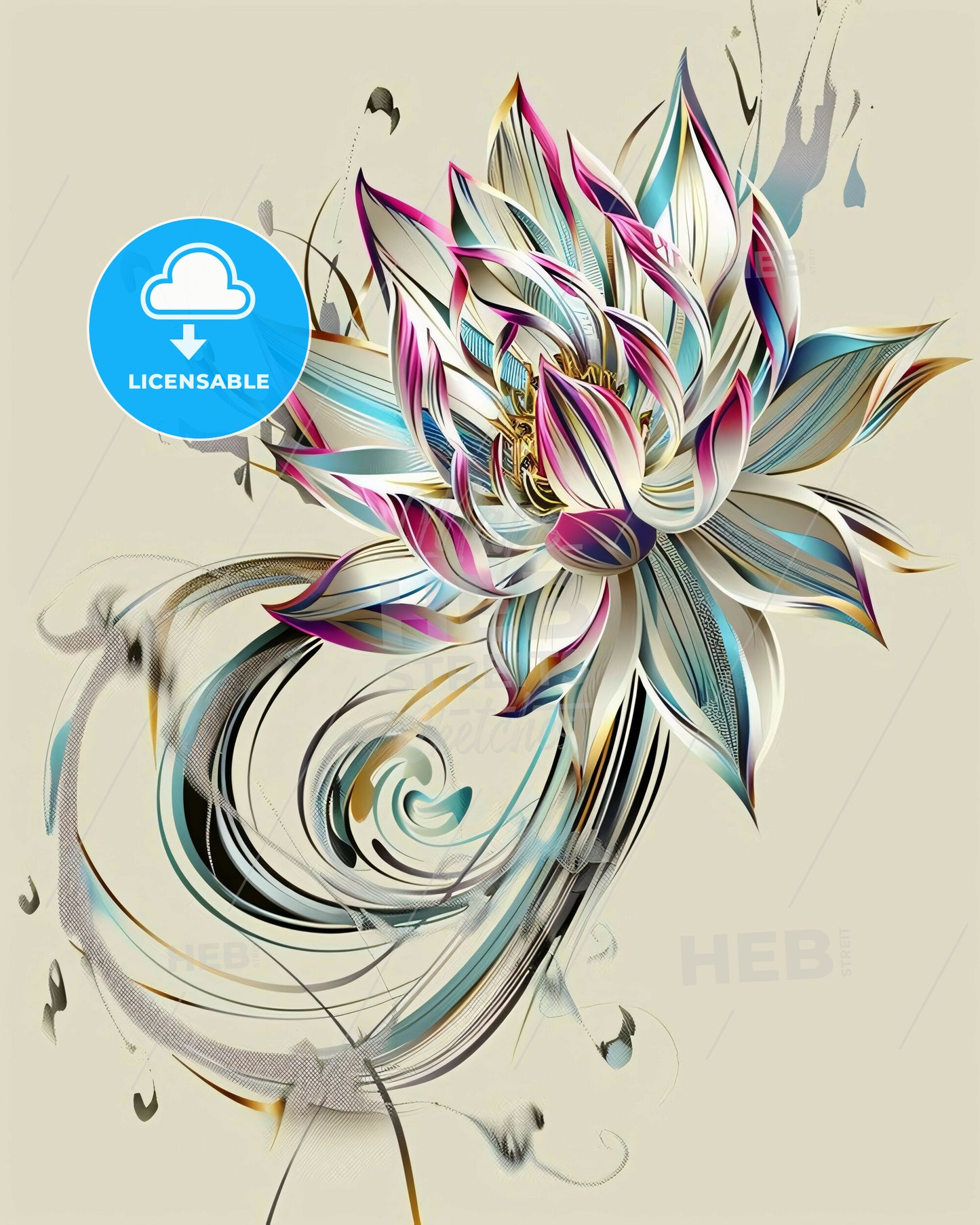 Serene Lotus in Bold Lines on Beige - A colorful flower with leaves