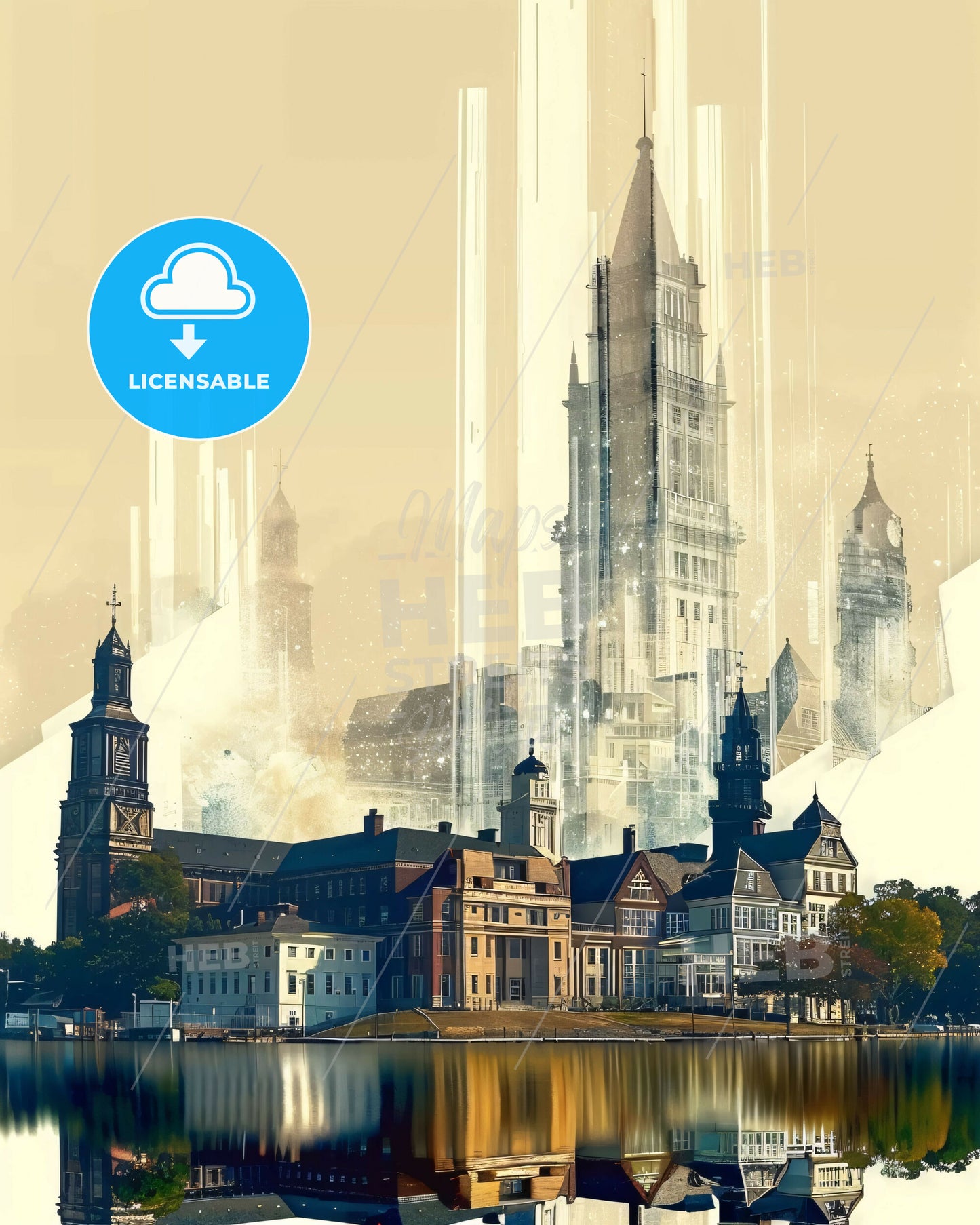 Lowell Cityline Artwork Poster: Skyline Magic - A city next to a body of water