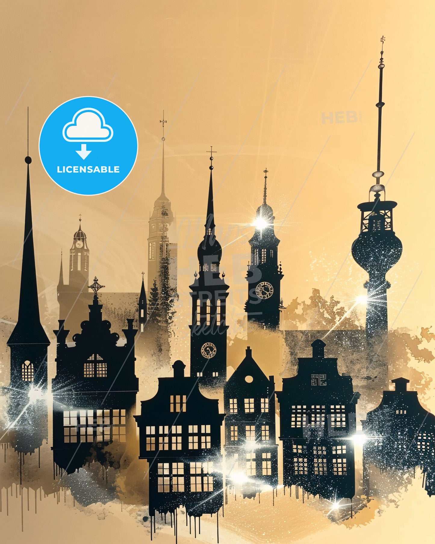 Lubeck City Skyline Double Exposure Composite Art - A silhouette of a city