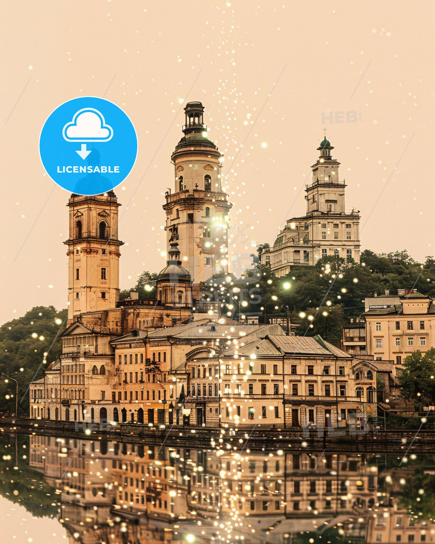Lviv, Ukraine: Majestic Cityscape Art - A building with towers and a body of water